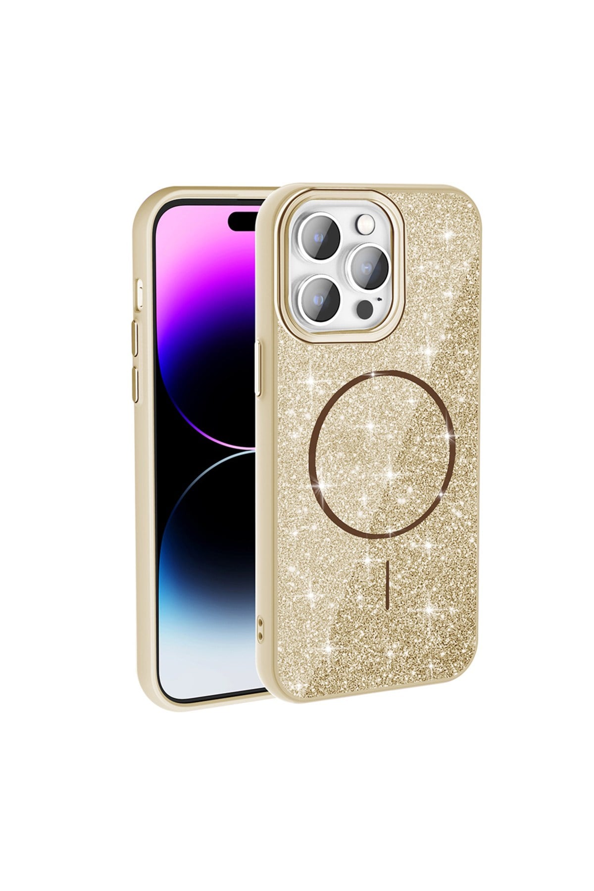 iPhone 14 Pro Max Kılıf Magsafe Şarj Özellikli Parlayan Simli NVTH Okso Kapak - Gold