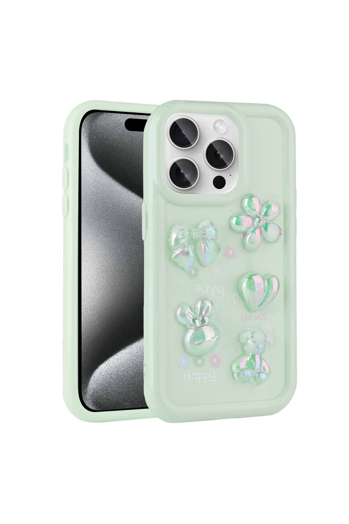 iPhone 14 Pro Max Uyumlu Kabartma Figürlü Parlak NVTH Toys Silikon Kılıf-Açık Yeşil