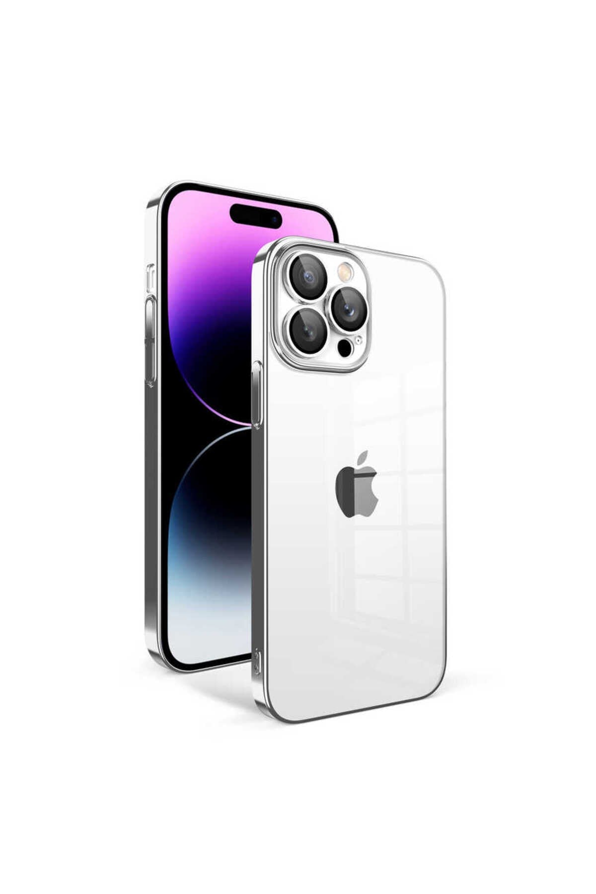 iPhone 14 Pro Max Uyumlu Kamera Korumalı Renkli Çerçeveli NVTH Garaj Kılıf-Gümüş