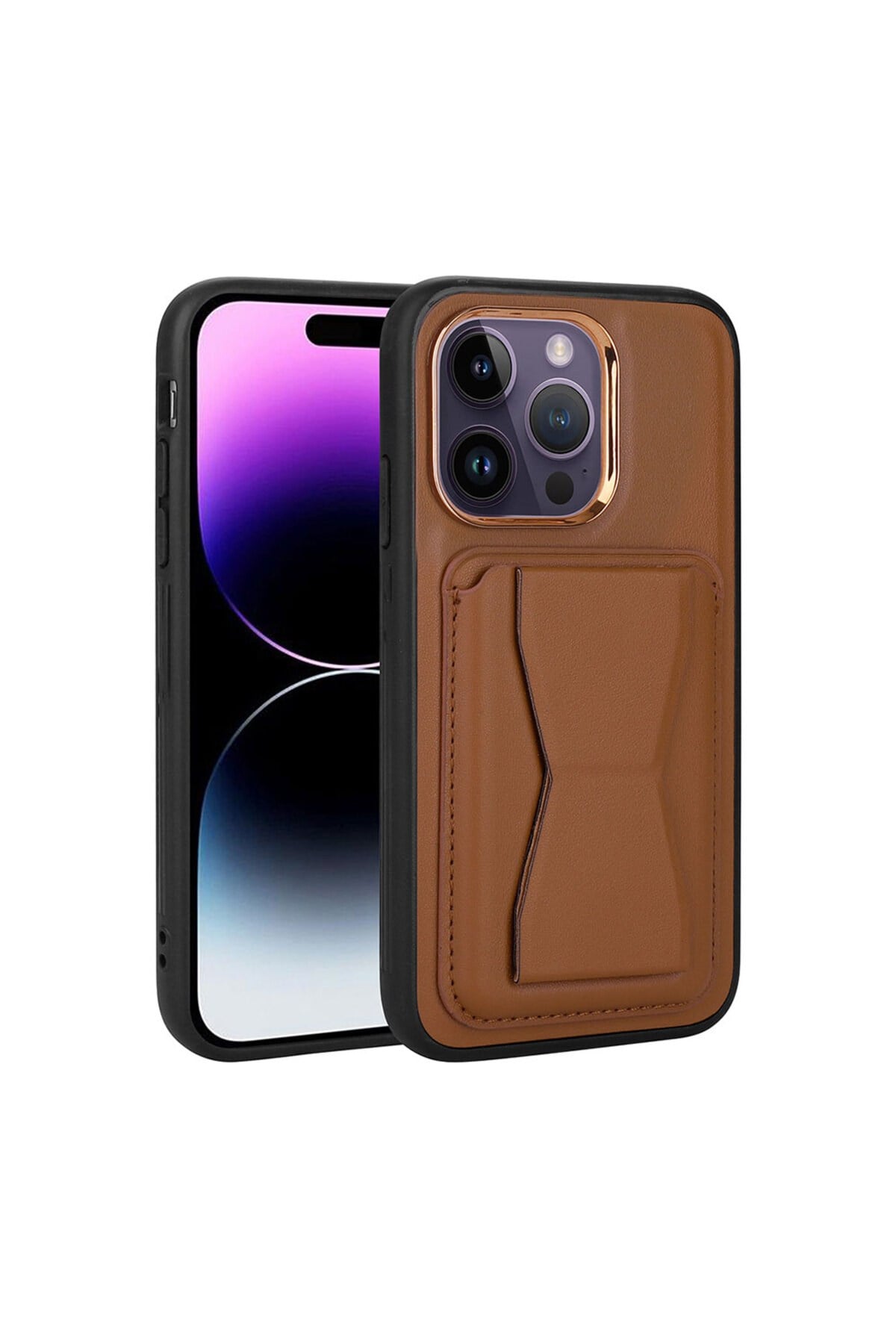 iPhone 14 Pro Max Uyumlu Kartlıklı Standlı Pu Deri NVTH Memo Kılıf-Kahverengi