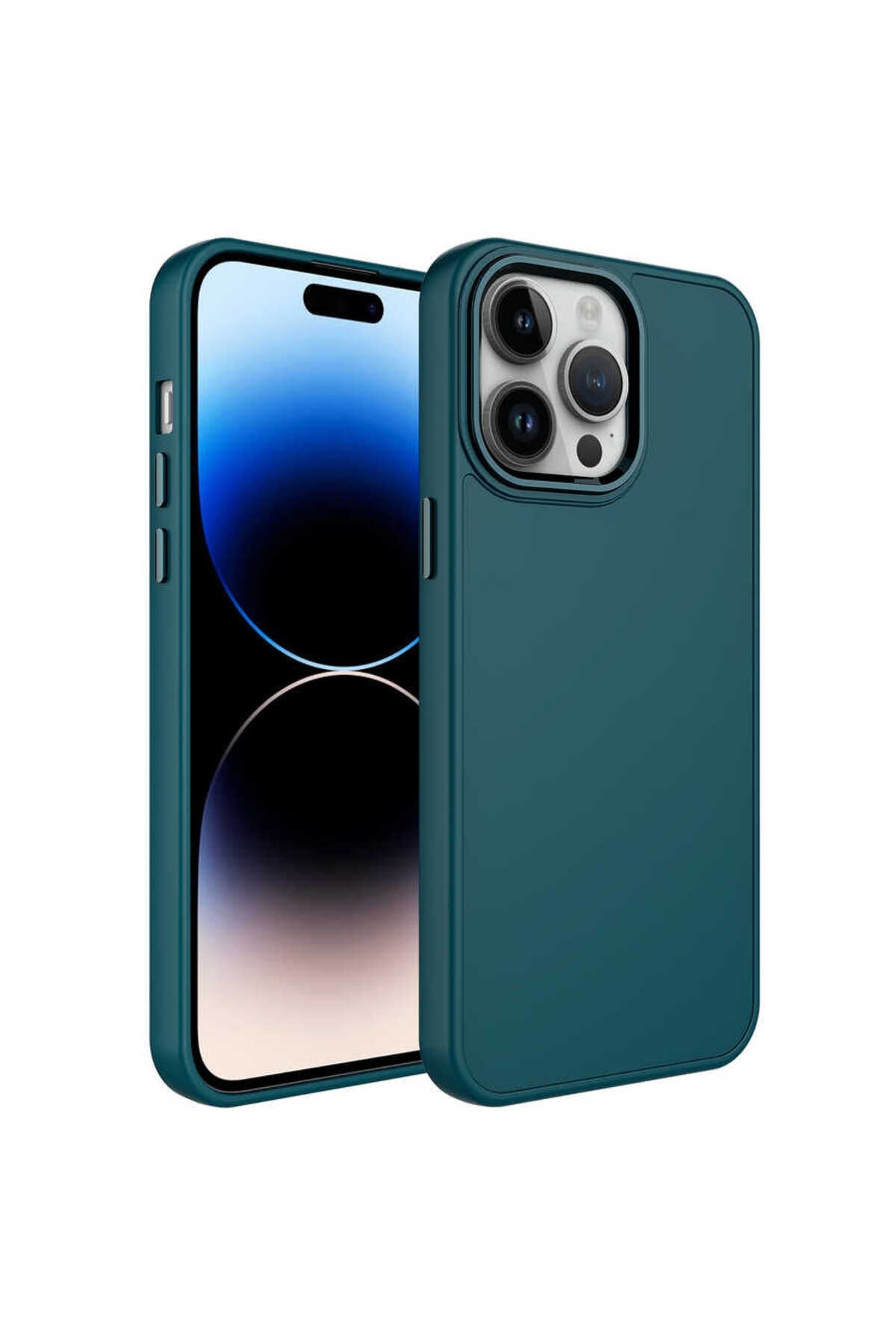 iPhone 14 Pro Max Uyumlu Metal Çerçeve ve Buton Tasarımlı Silikon NVTH Luna Kılıf-Koyu Yeşil