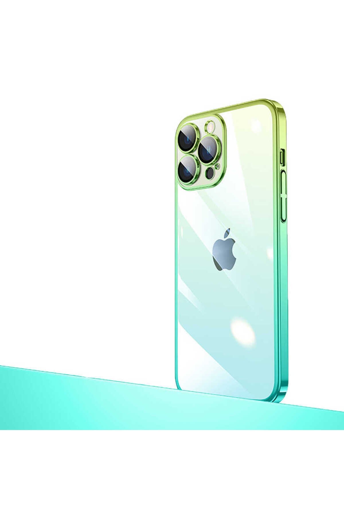 iPhone 14 Pro Max Uyumlu Parlak Renk Geçişli Kamera Korumalı NVTH Senkron Kılıf-Yeşil-Mavi
