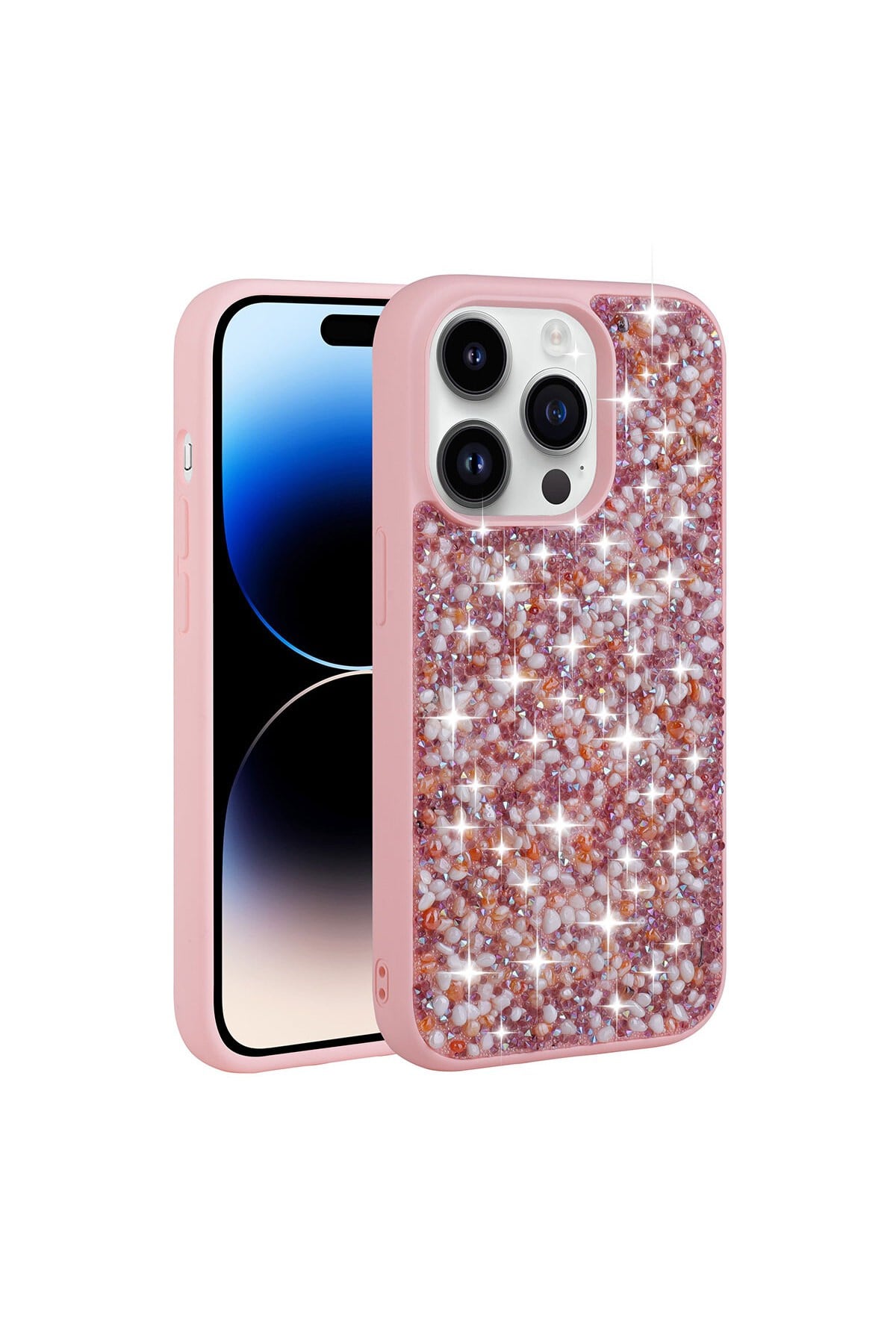 iPhone 14 Pro Max Uyumlu Parlak Taşlı Tasarım NVTH Linea Kılıf-Pembe