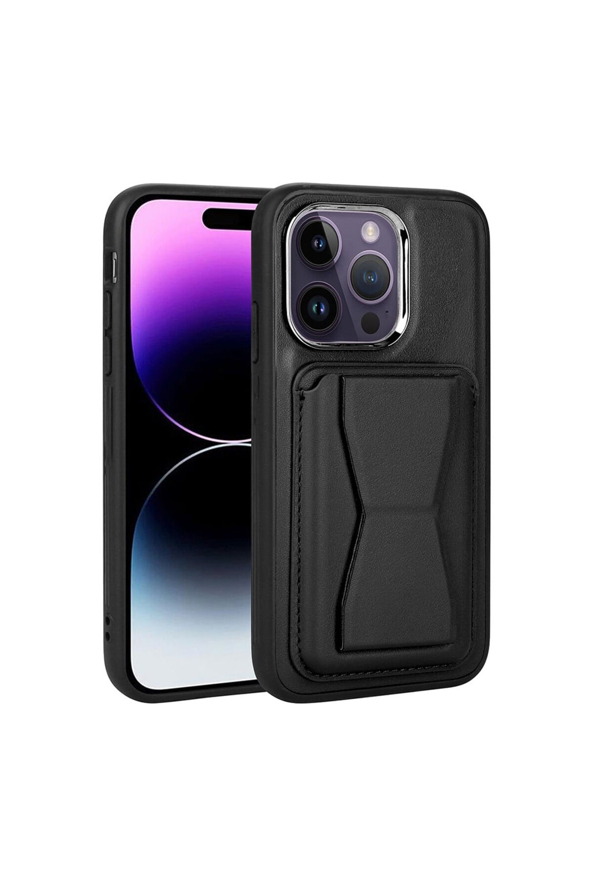 iPhone 14 Pro Uyumlu Kartlıklı Standlı Pu Deri NVTH Memo Kılıf-Siyah