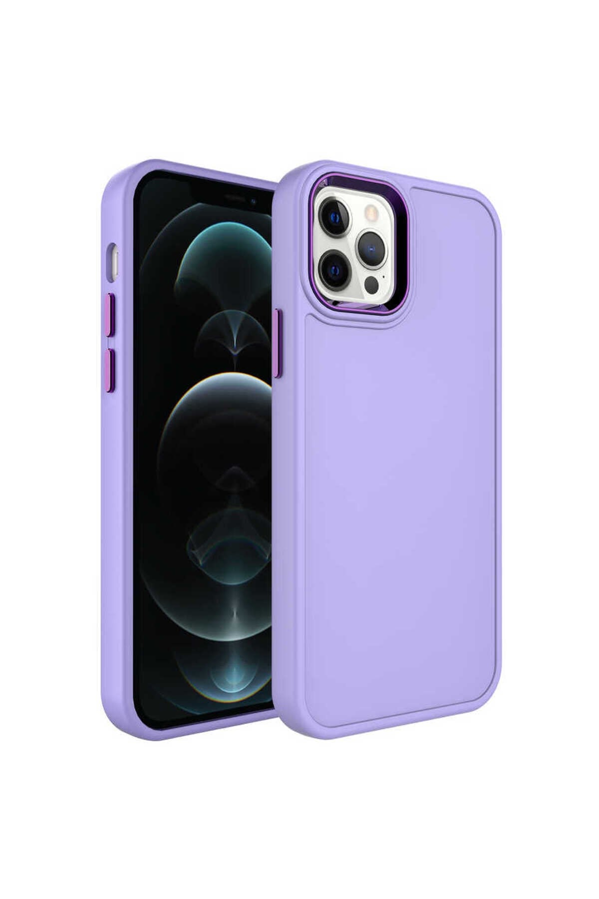 iPhone 14 Pro Uyumlu Metal Çerçeve ve Buton Tasarımlı Sert NVTH Botox Kılıf-Lila