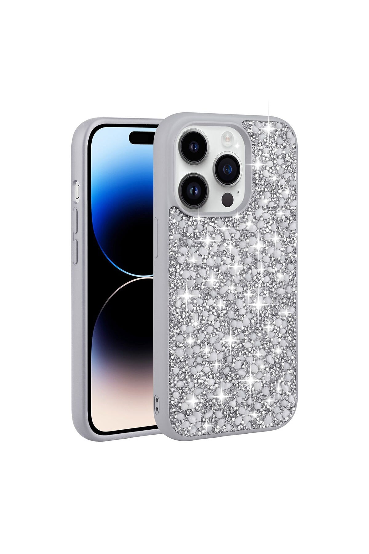 iPhone 14 Pro Uyumlu Parlak Taşlı Tasarım NVTH Linea Kılıf-Gümüş