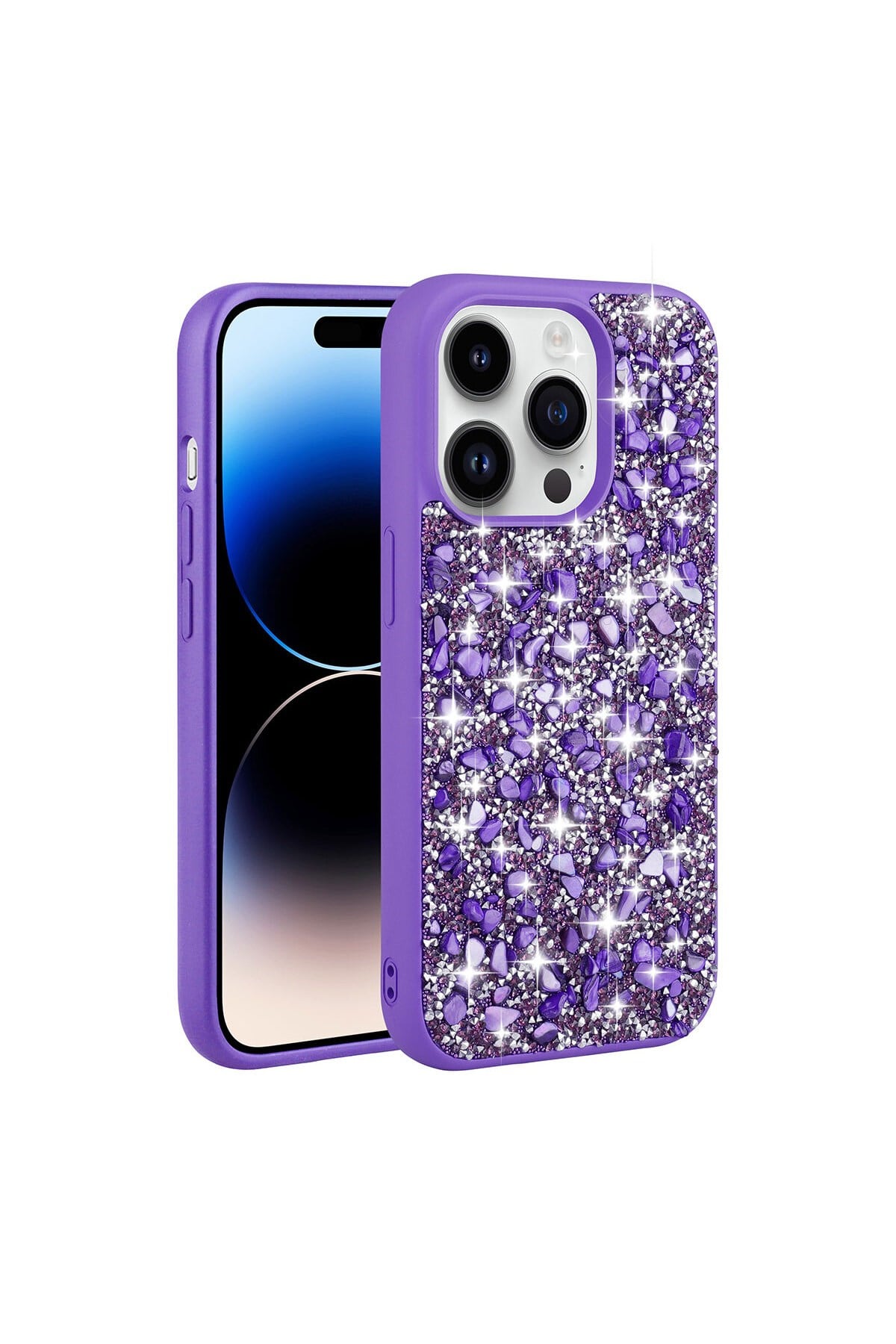 iPhone 14 Pro Uyumlu Parlak Taşlı Tasarım NVTH Linea Kılıf-Mor
