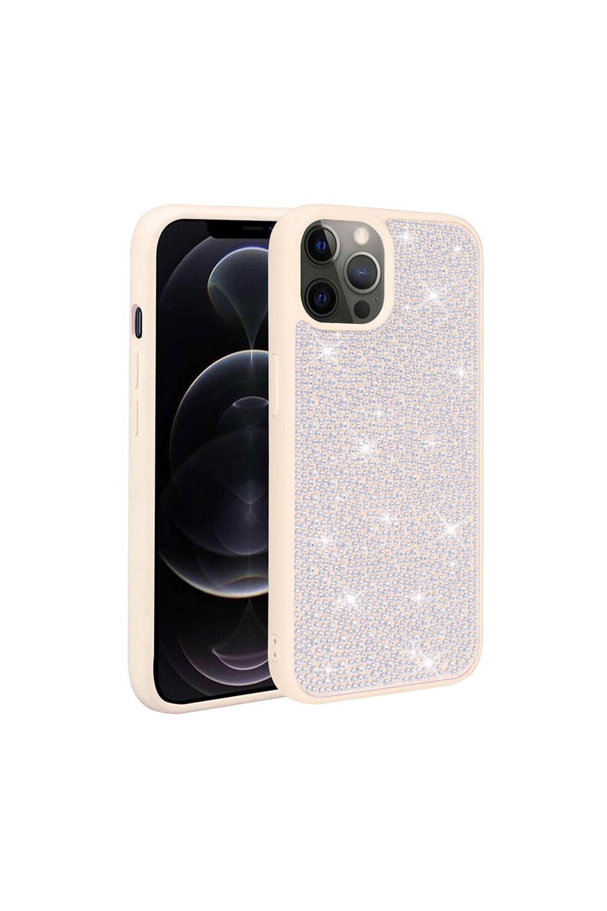 iPhone 14 Pro Uyumlu Parlak Taşlı Tasarım NVTH Ston Kılıf-Beyaz