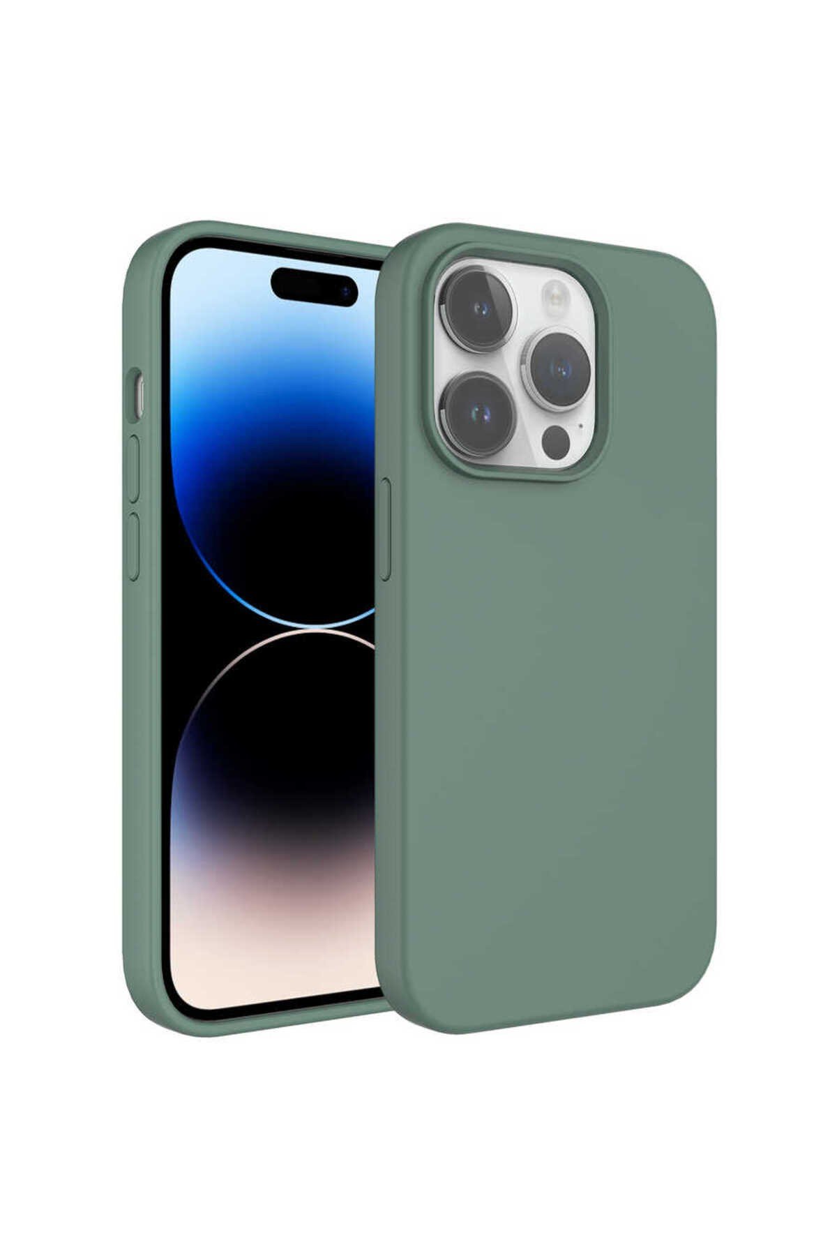 iPhone 14 Pro Uyumlu Sıvı Teknolojili Silinebilir Sert NVTH Kivi Kılıf-Koyu Yeşil