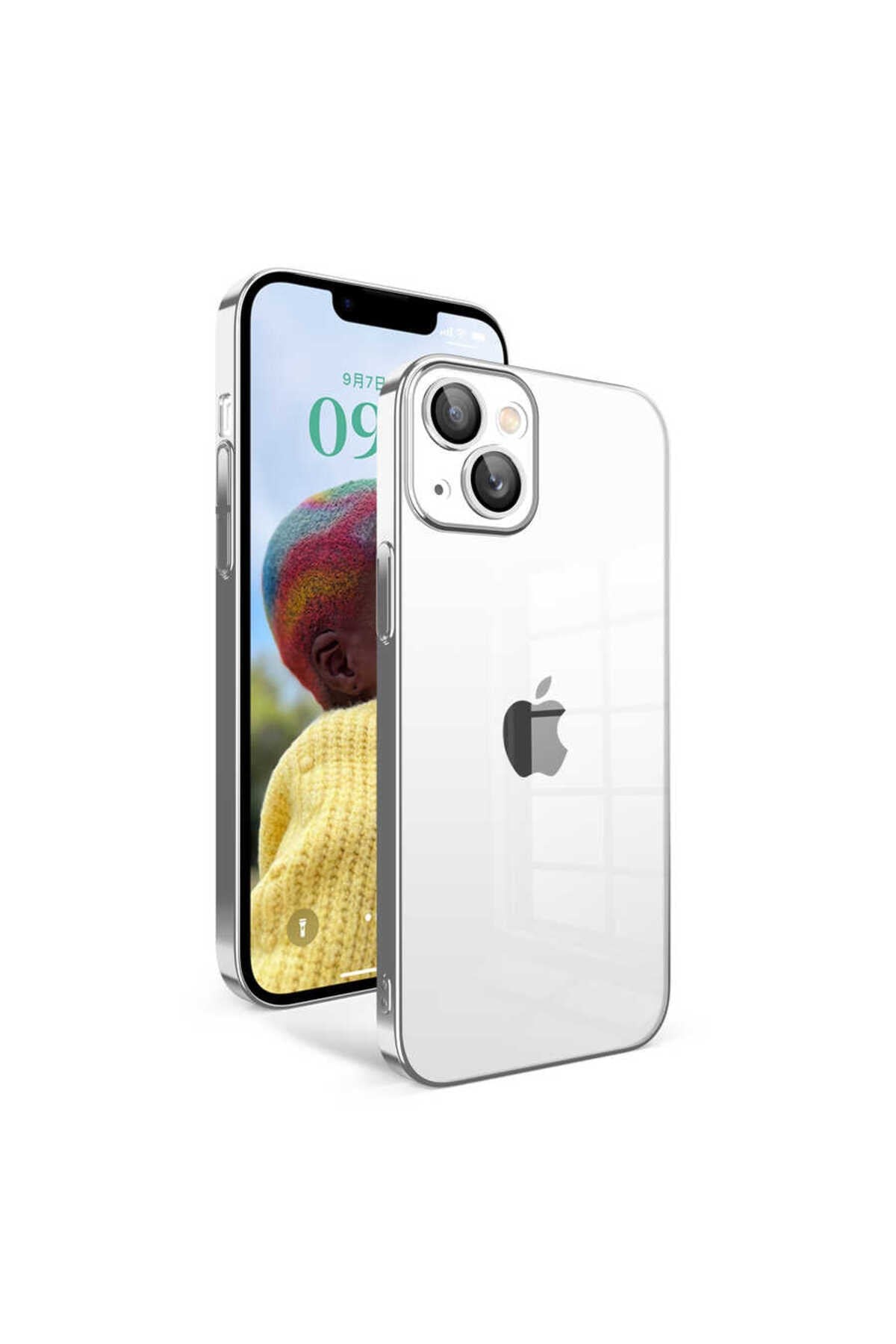 iPhone 14 Uyumlu Kamera Korumalı Renkli Çerçeveli NVTH Garaj Kılıf-Gümüş