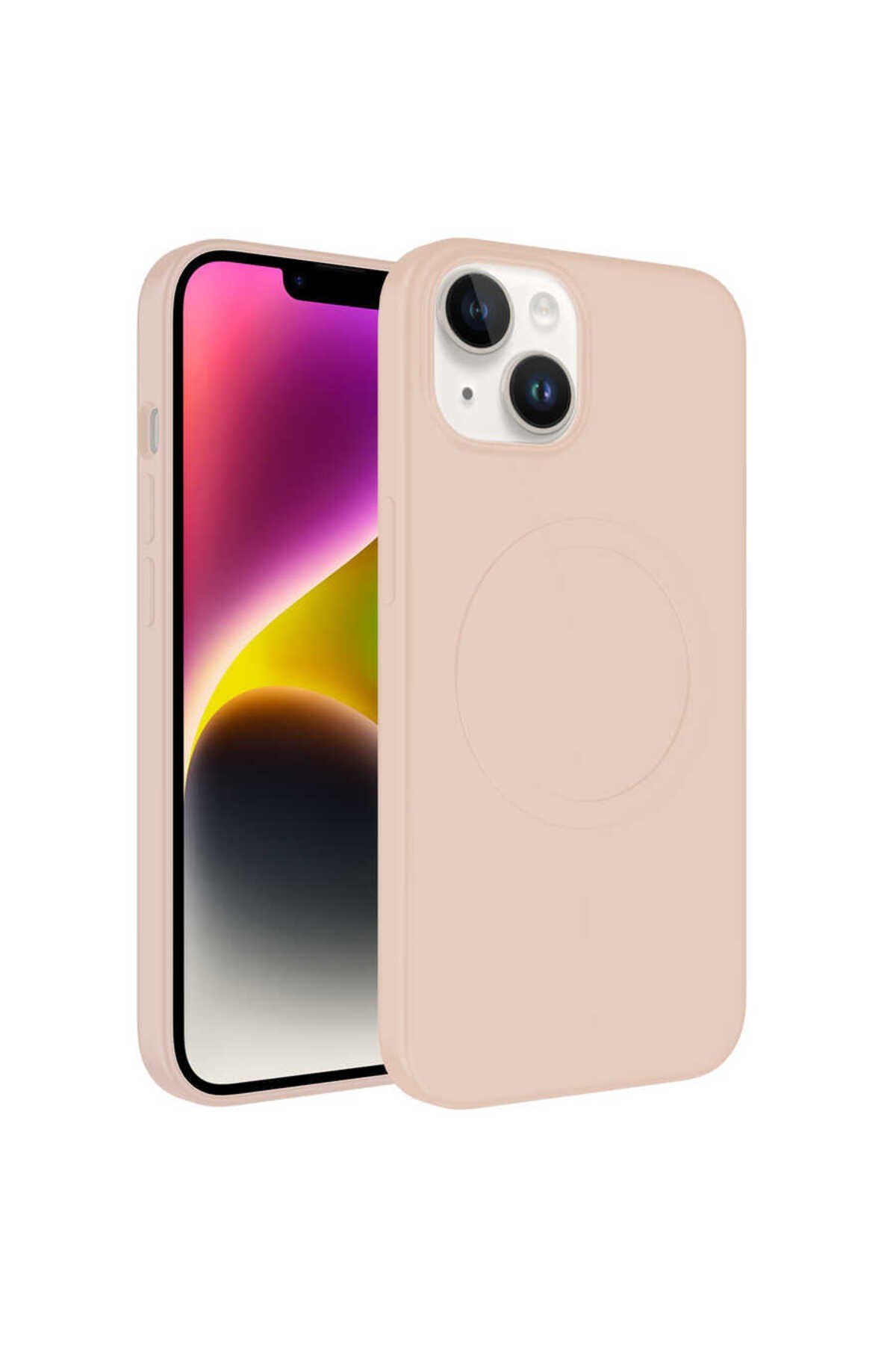 iPhone 14 Uyumlu Magsafe Wireless Şarj Özellikli Pastel Renk Silikon NVTH Plas Kılıf-Pembe Açı