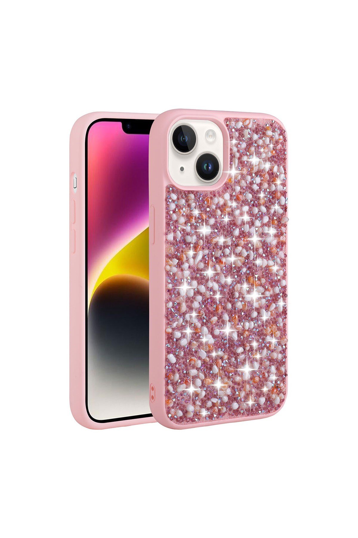 iPhone 14 Uyumlu Parlak Taşlı Tasarım NVTH Linea Kılıf-Pembe