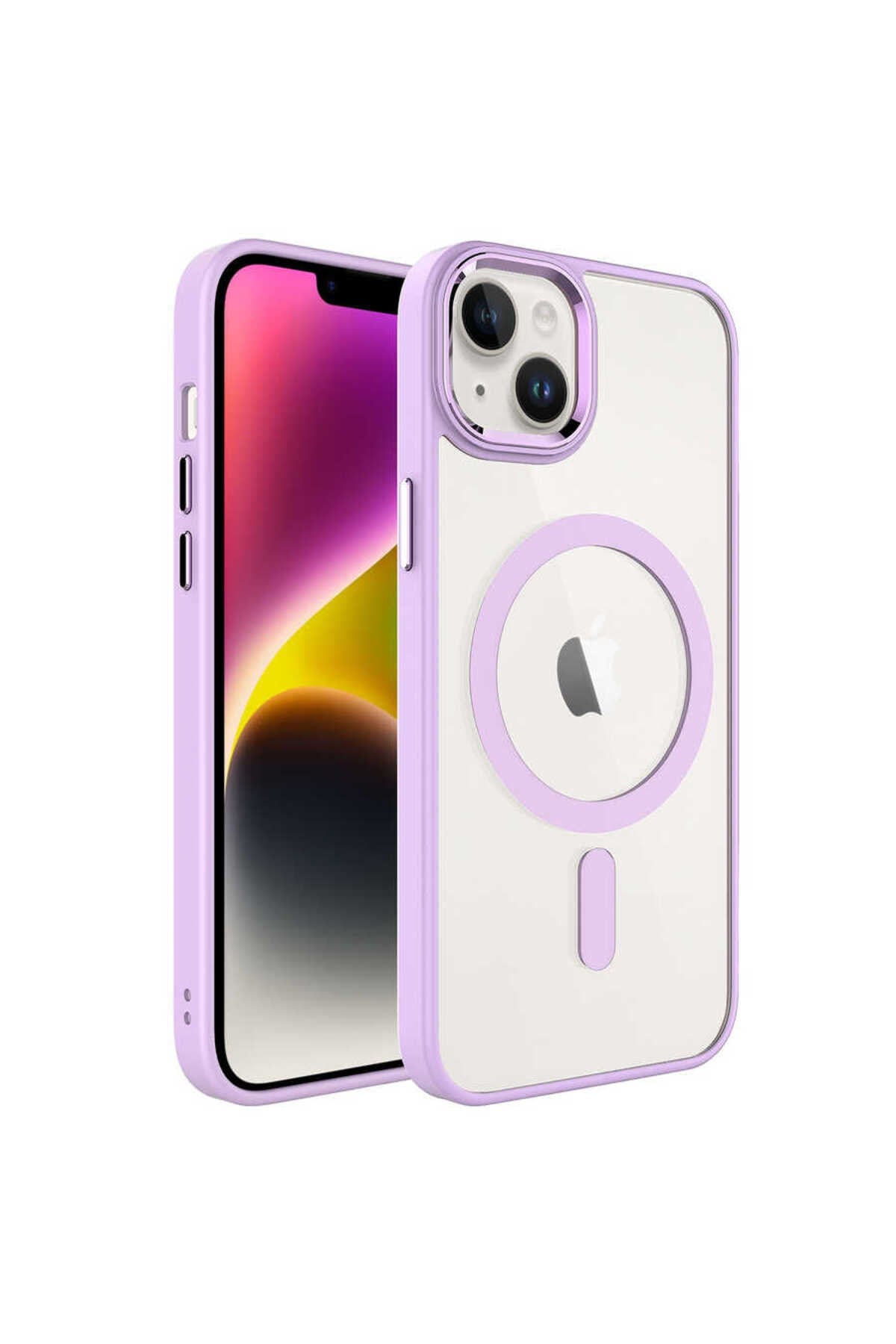 iPhone 14 Uyumlu Wireless Şarj Özellikli NVTH Krom Magsafe Silikon Kılıf-Pembe Açık