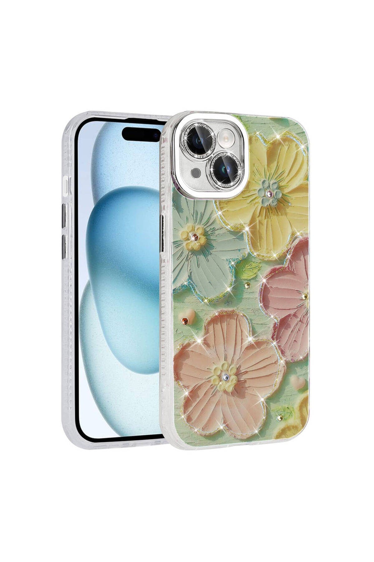 iPhone 15 Kılıf Çiçek Desenli Parlak Taşlı Sert Silikon NVTH Garden Kapak - Colorful