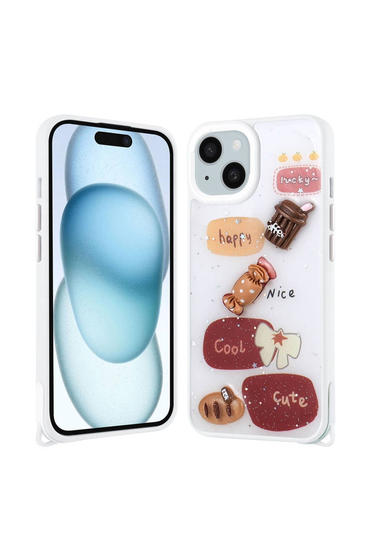 iPhone 15 Kılıf Parlayan Simli Kabartma Figürlü NVTH Cevze Kapak - Beyaz