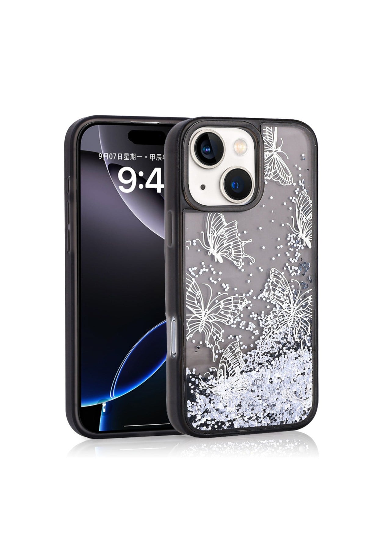 iPhone 15 Kılıf Sıvılı Simli Kelebek Baskılı Şeffaf Arka Yüzey NVTH Glis Silikon Kapak - Siyah