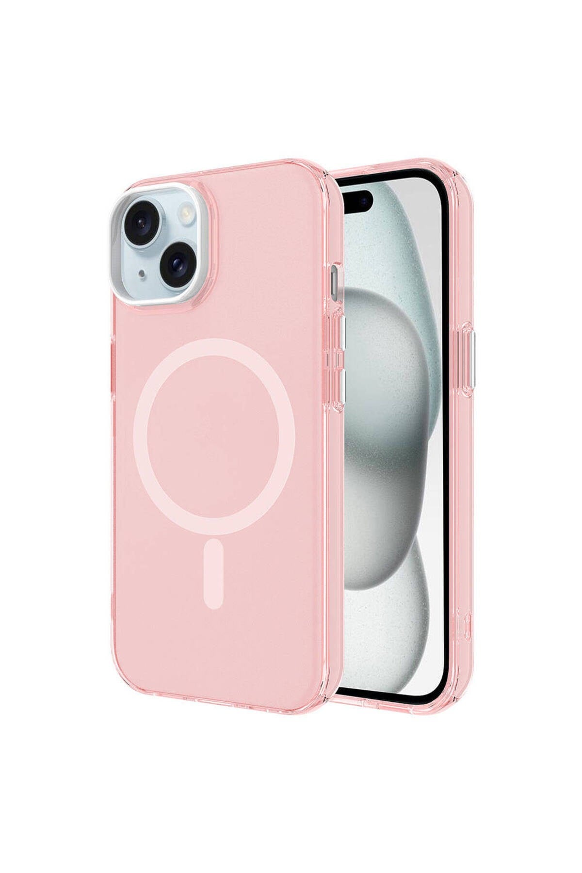 iPhone 15 Plus Kılıf NVTH Magsafe Şarj Özellikli Buzlu Transparan C-Pro Sert Kapak - Pembe