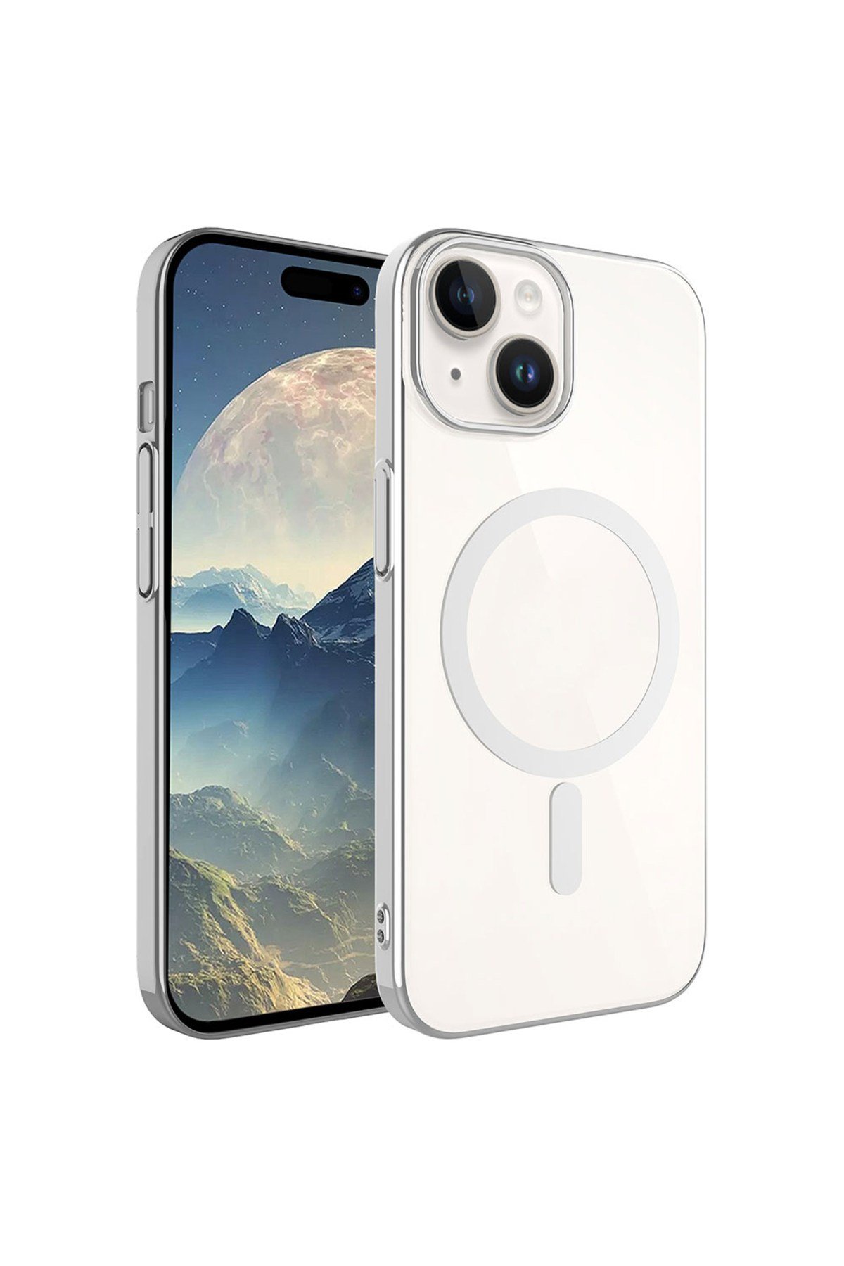 iPhone 15 Plus Uyumlu NVTH Wireless Şarj Özellikli Pixel Magsafe Kılıf-Gümüş