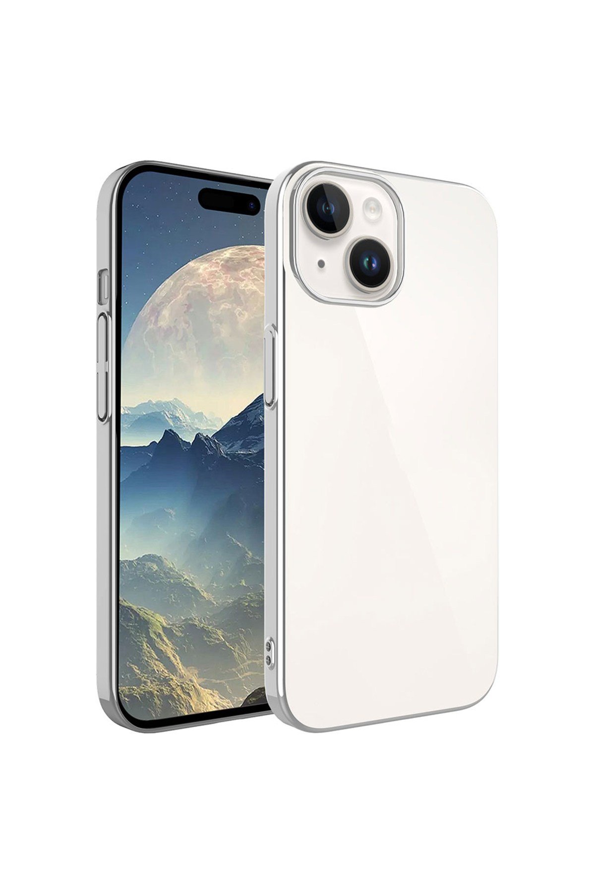 iPhone 15 Plus Uyumlu Sert PC Renkli Çerçeveli NVTH Riksos Kılıf-Gümüş