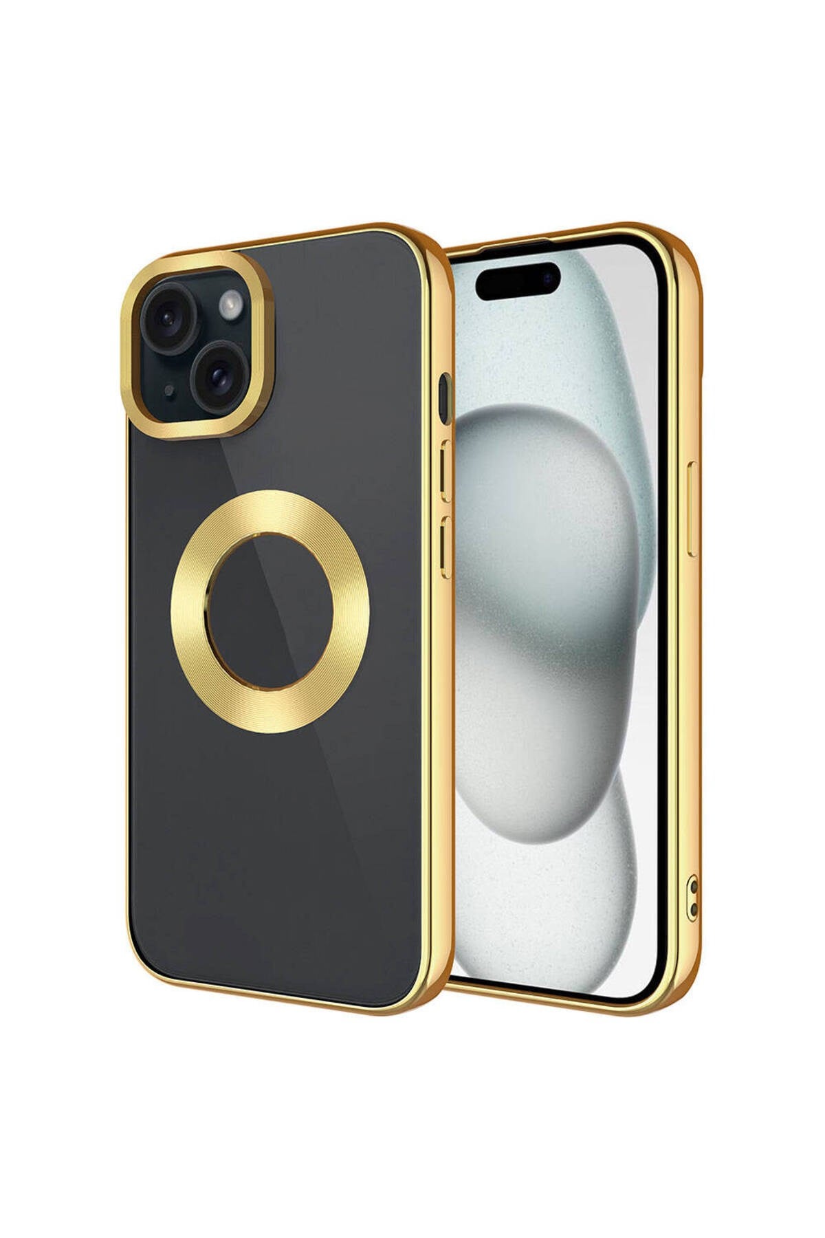 iPhone 15 Plus Uyumlu Tek Kamera Çerçeveli Logo Gösteren NVTH Omega Kılıf-Gold