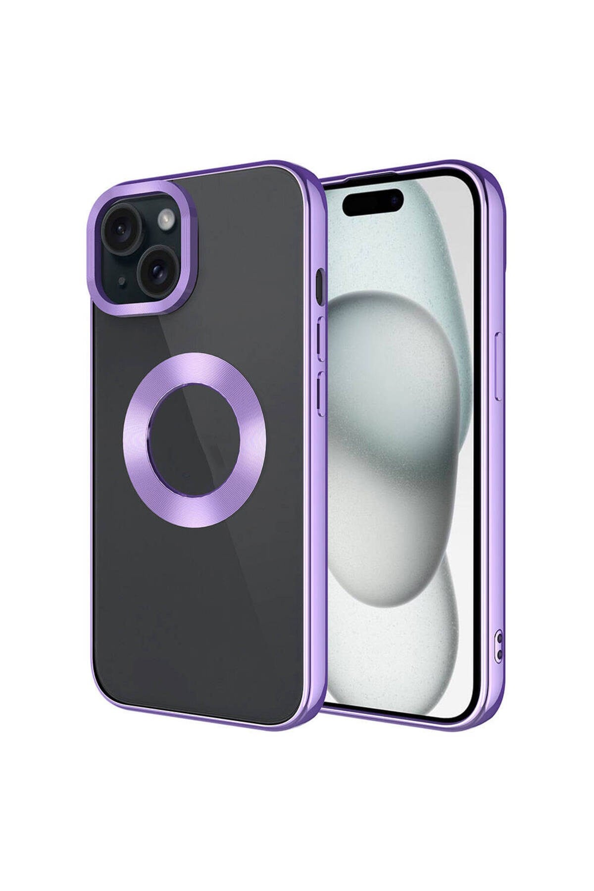 iPhone 15 Plus Uyumlu Tek Kamera Çerçeveli Logo Gösteren NVTH Omega Kılıf-Lila