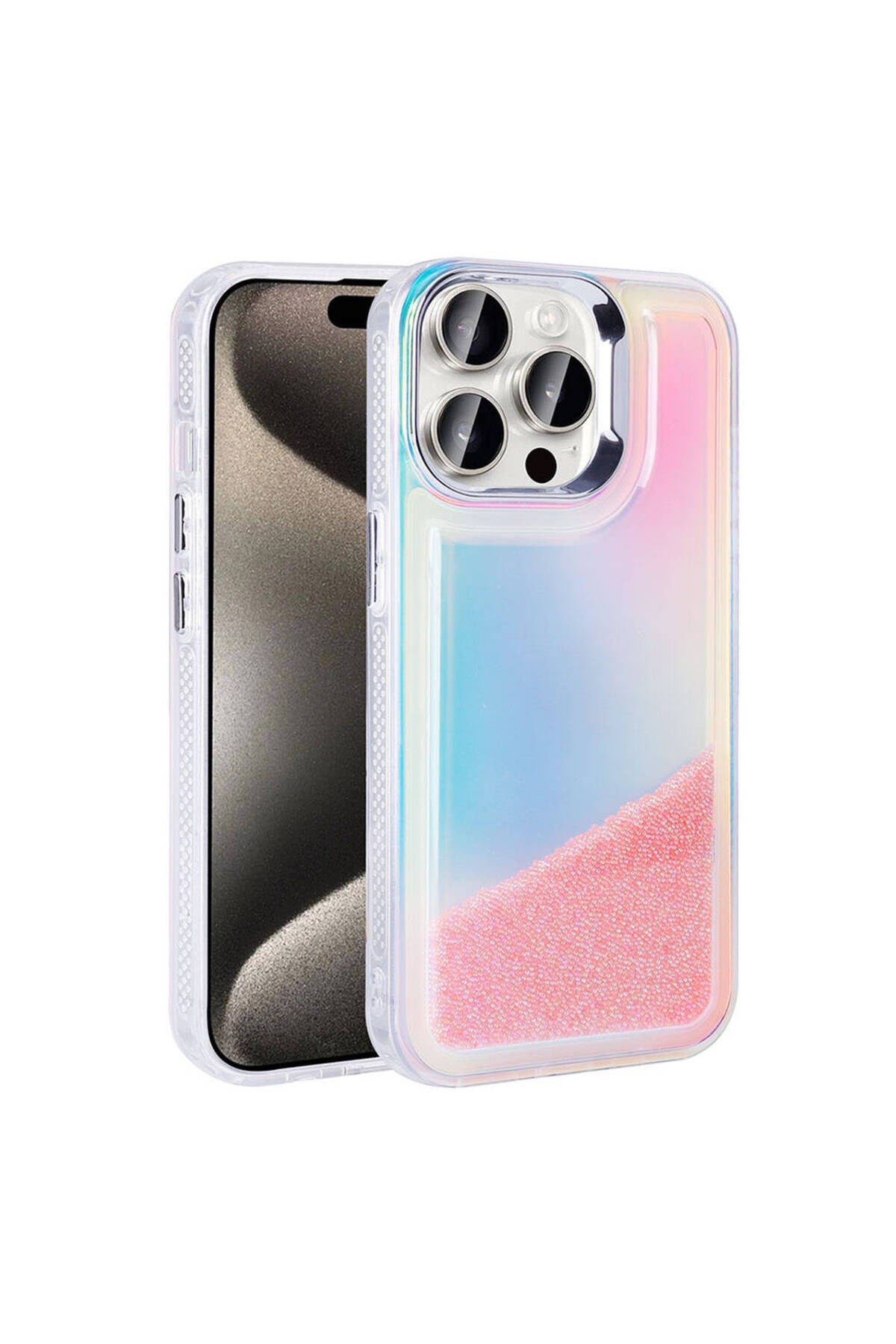 iPhone 15 Pro Kılıf Airbagli Renkli Arka Yüzey Boncuk Tasarımlı NVTH Kumul Kapak - Pembe