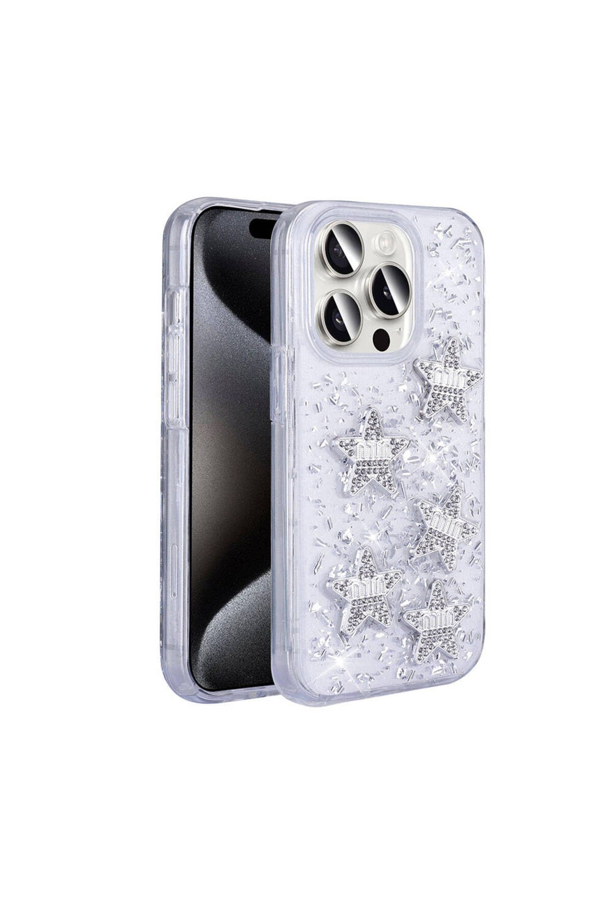 iPhone 15 Pro Kılıf Airbagli Simli Arka Yüzey NVTH Işıltı Silikon Kapak - Beyaz-Yıldız
