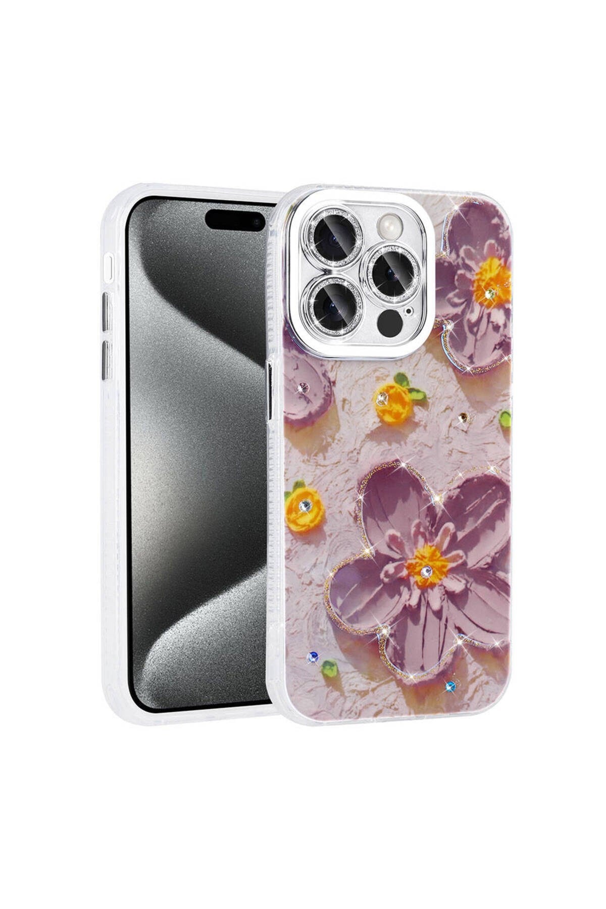 iPhone 15 Pro Kılıf Çiçek Desenli Parlak Taşlı Sert Silikon NVTH Garden Kapak - Mor