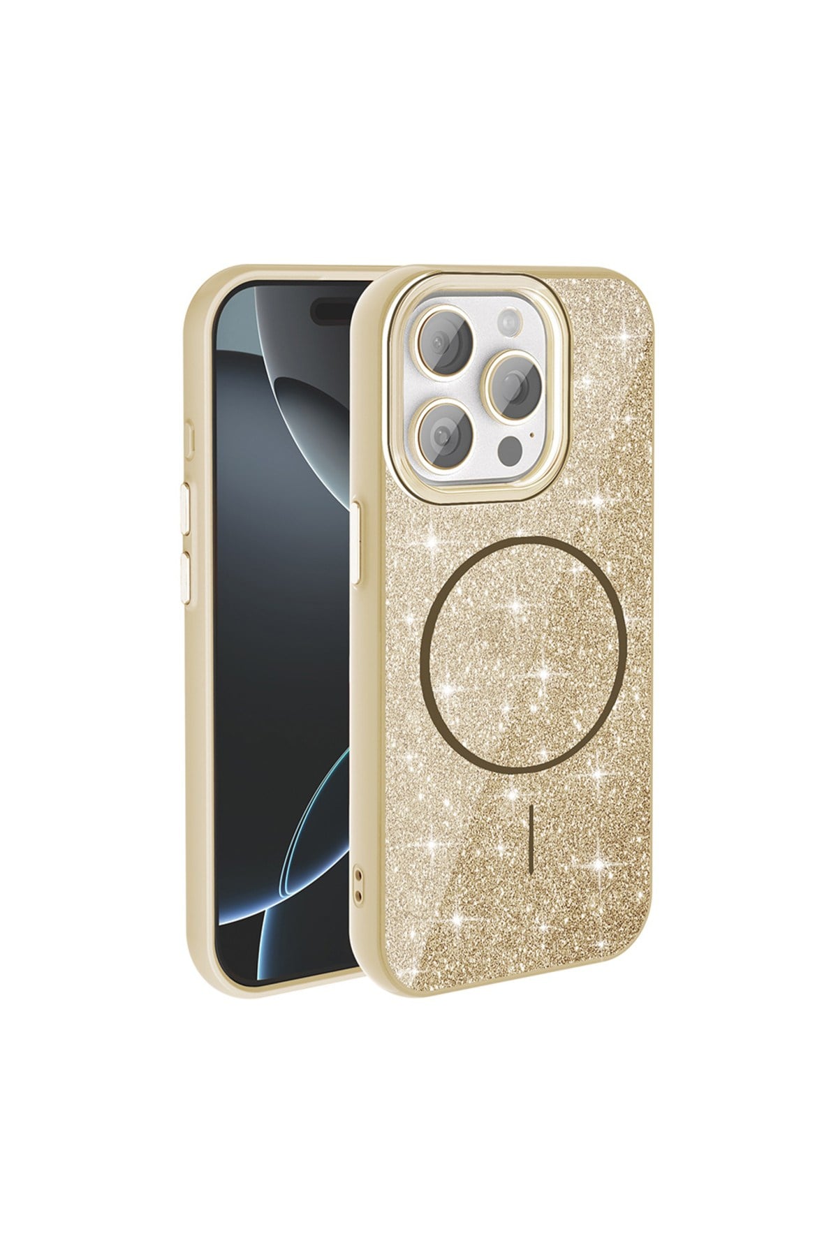iPhone 15 Pro Kılıf Magsafe Şarj Özellikli Parlayan Simli NVTH Okso Kapak - Gold