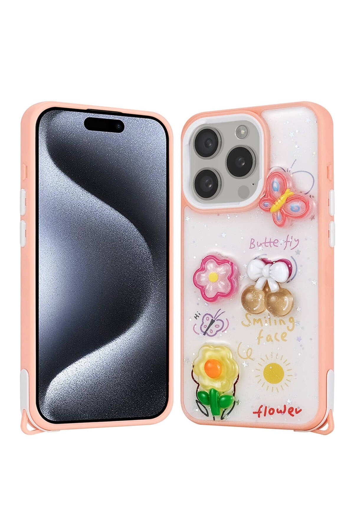 iPhone 15 Pro Kılıf Parlayan Simli Kabartma Figürlü NVTH Cevze Kapak - Pembe