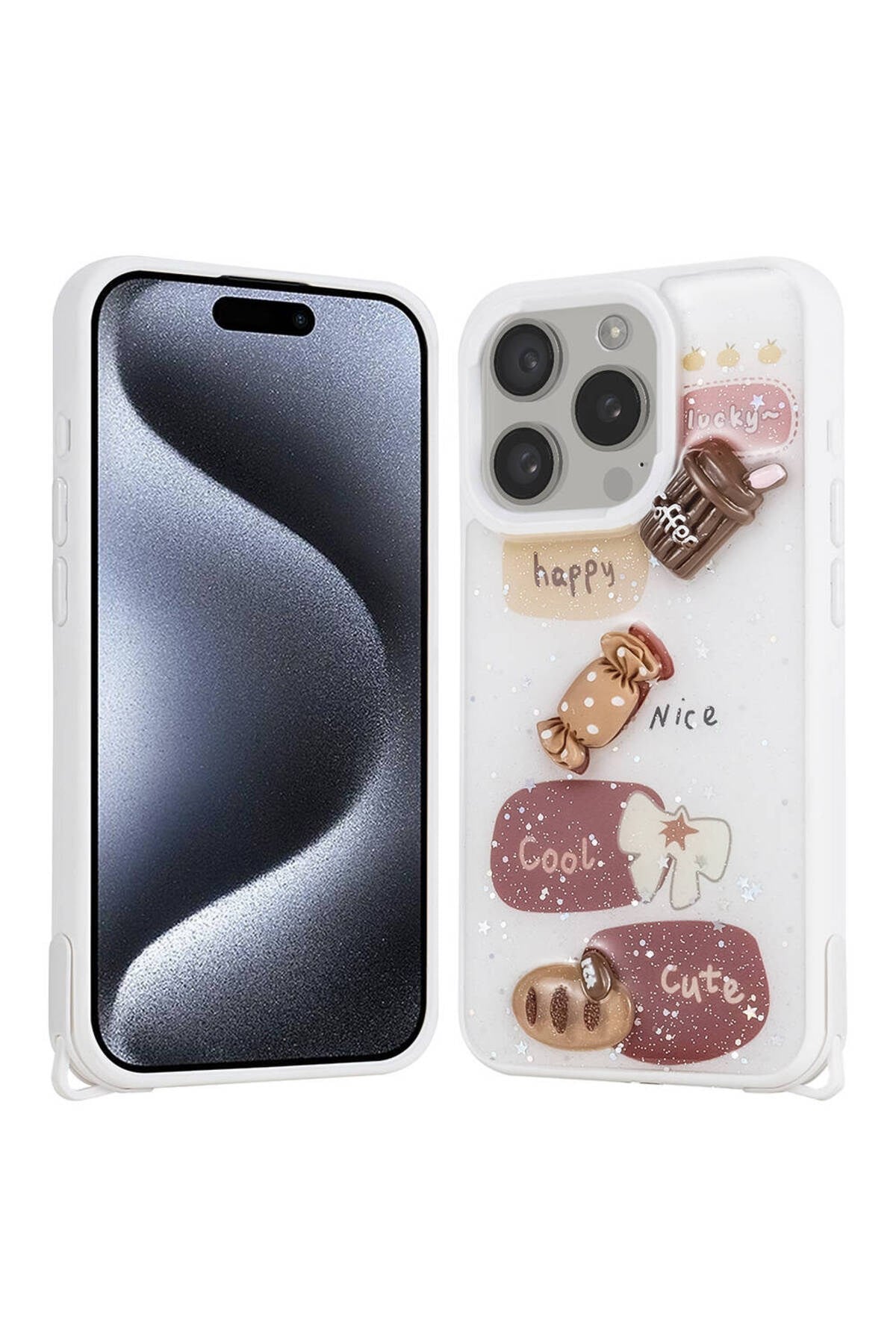iPhone 15 Pro Kılıf Parlayan Simli Kabartma Figürlü NVTH Cevze Kapak - Beyaz
