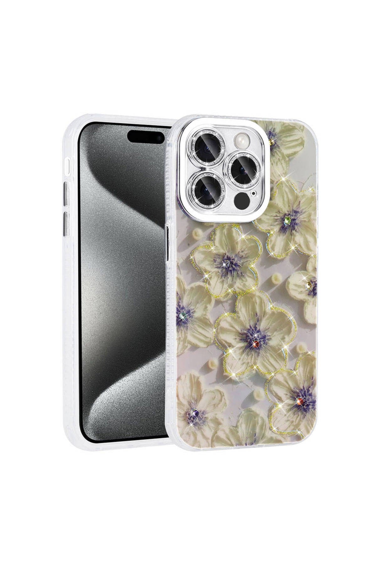 iPhone 15 Pro Max Kılıf Çiçek Desenli Parlak Taşlı Sert Silikon NVTH Garden Kapak - Mavi