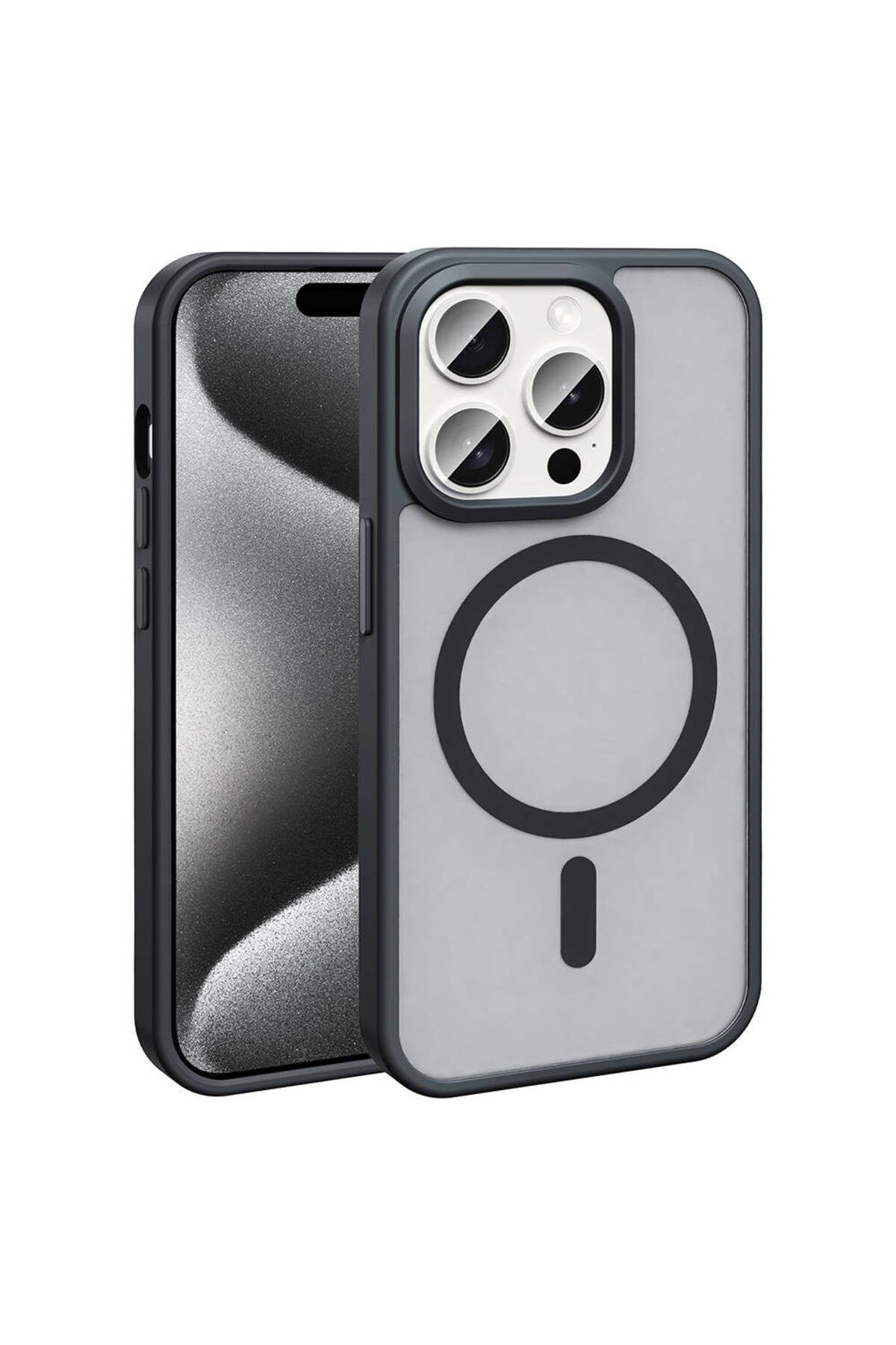 iPhone 15 Pro Max Kılıf Magsafe Şarj Özellikli Mat Arka Yüzey NVTH Sio Kapak-Siyah