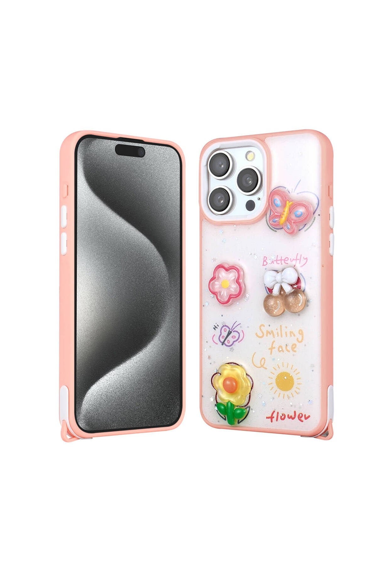 iPhone 15 Pro Max Kılıf Parlayan Simli Kabartma Figürlü NVTH Cevze Kapak - Pembe