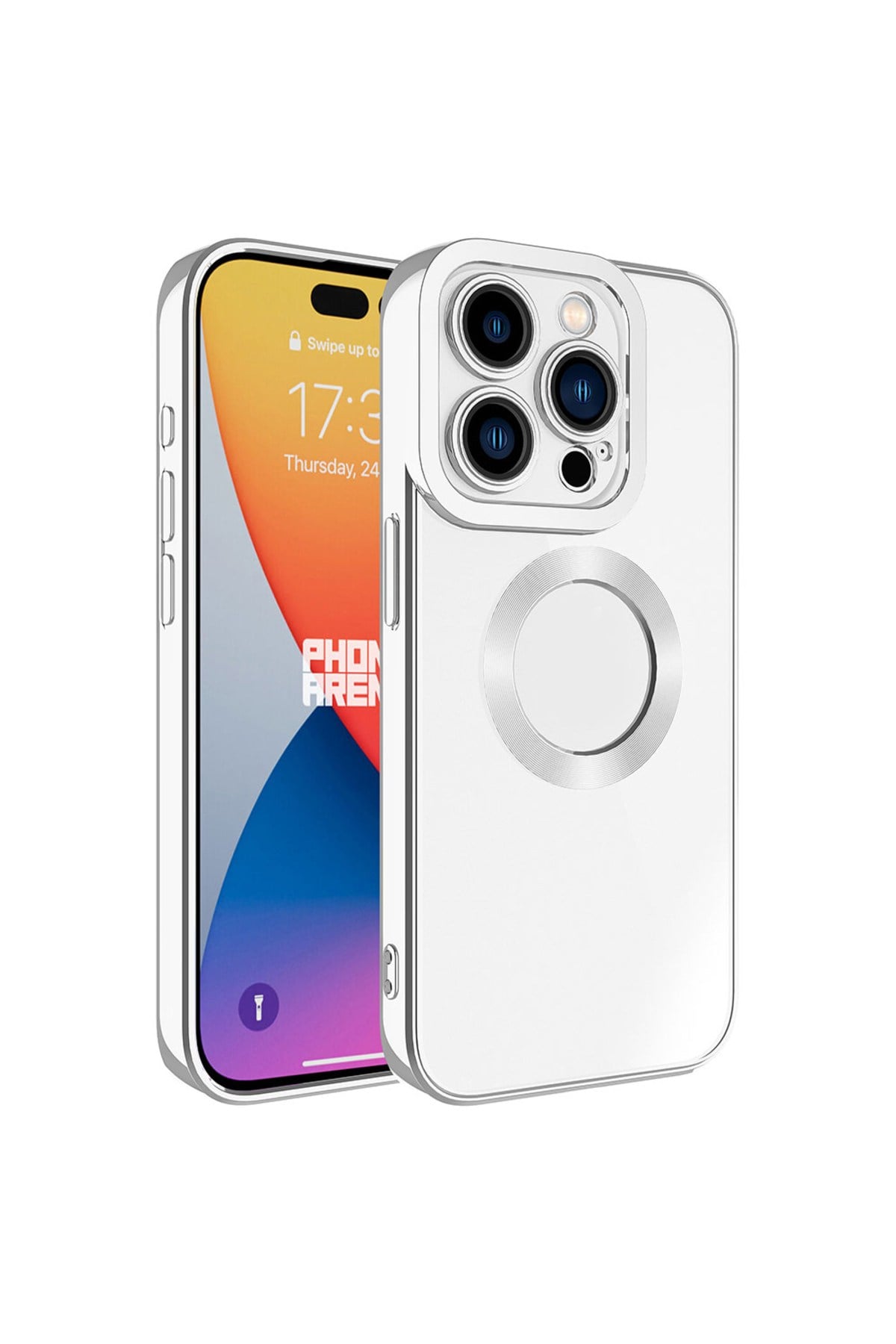 iPhone 15 Pro Max Uyumlu Kamera Korumalı Logo Gösteren NVTH Omega Kılıf-Gümüş