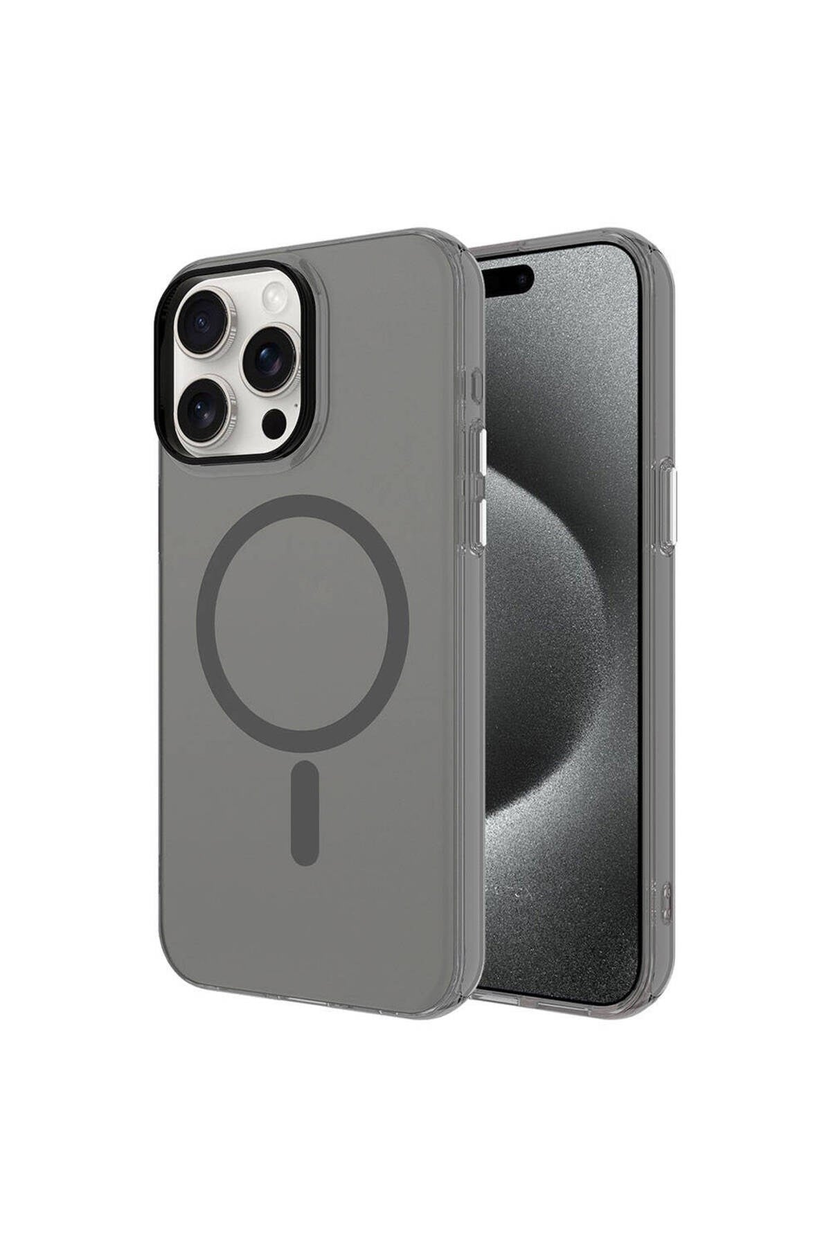 iPhone 15 Pro Max Uyumlu NVTH Magsafe Şarj Özellikli Buzlu Transparan C-Pro Sert Kılıf-Koyu Gr