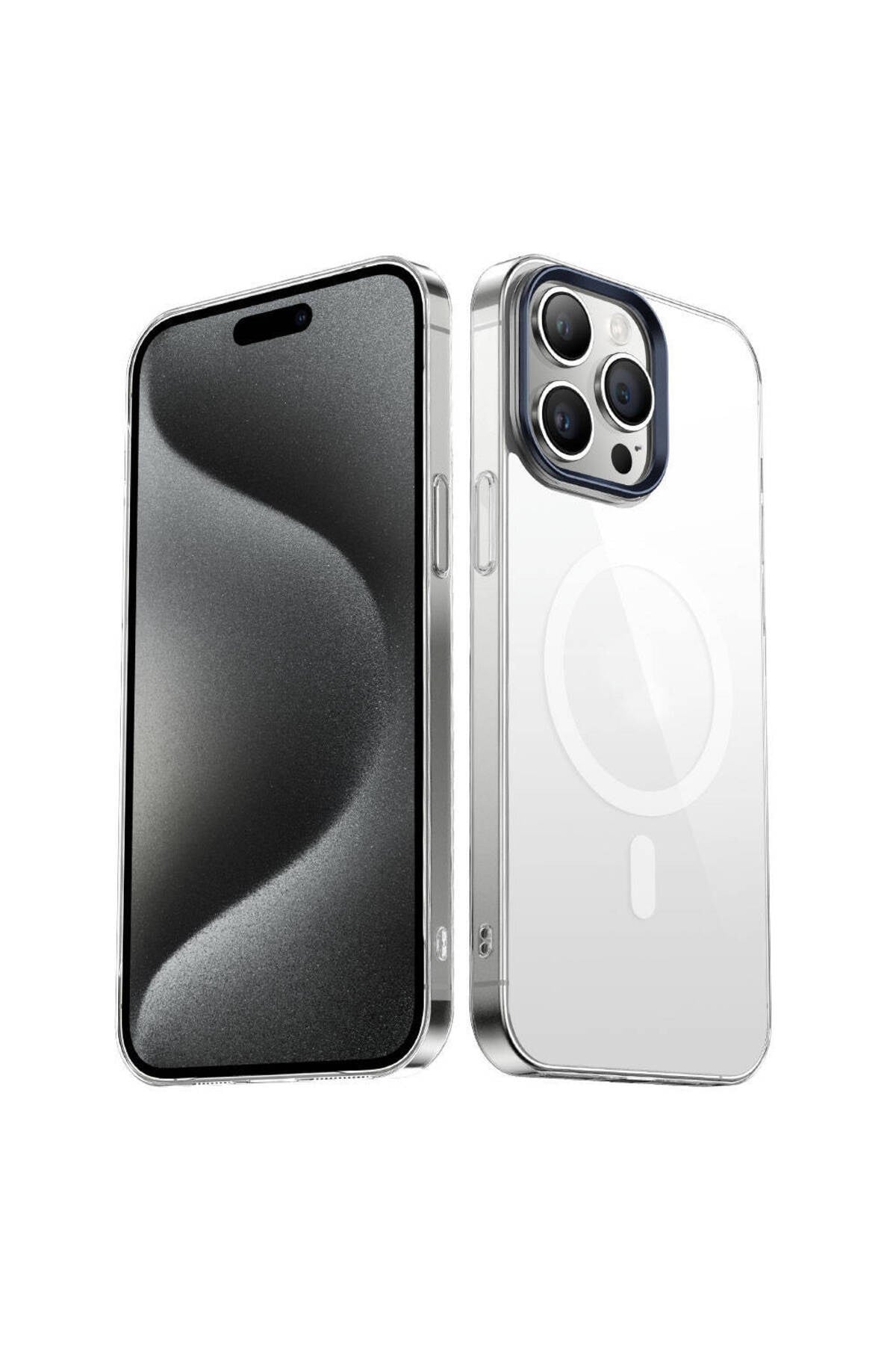 iPhone 15 Pro Max Uyumlu NVTH Wireless Şarj Özellikli Şeffaf G-Glass Kılıf-Lacivert