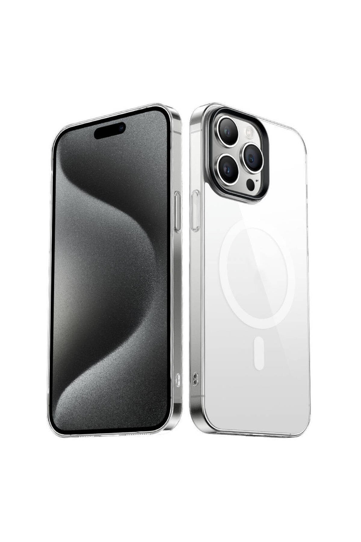 iPhone 15 Pro Max Uyumlu NVTH Wireless Şarj Özellikli Şeffaf G-Glass Kılıf-Siyah