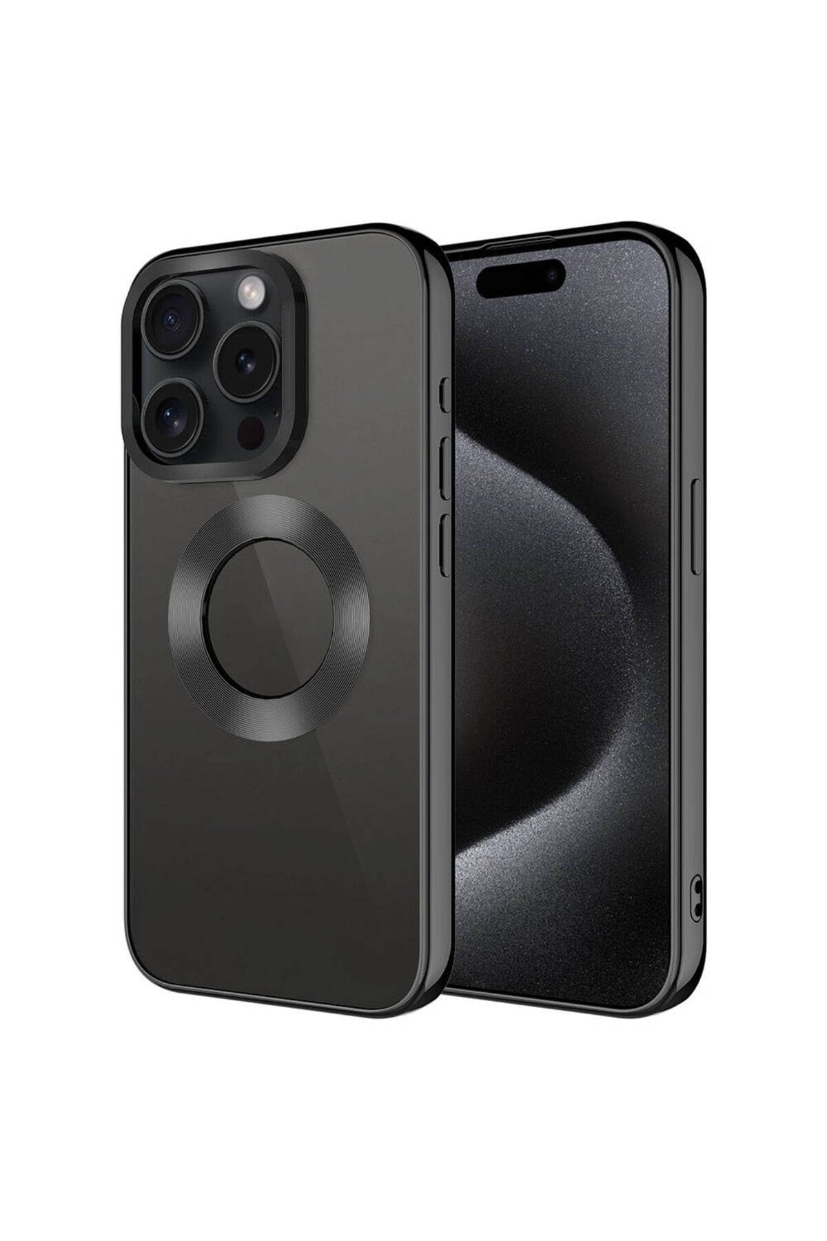 iPhone 15 Pro Max Uyumlu Tek Kamera Çerçeveli Logo Gösteren NVTH Omega Kılıf-Siyah