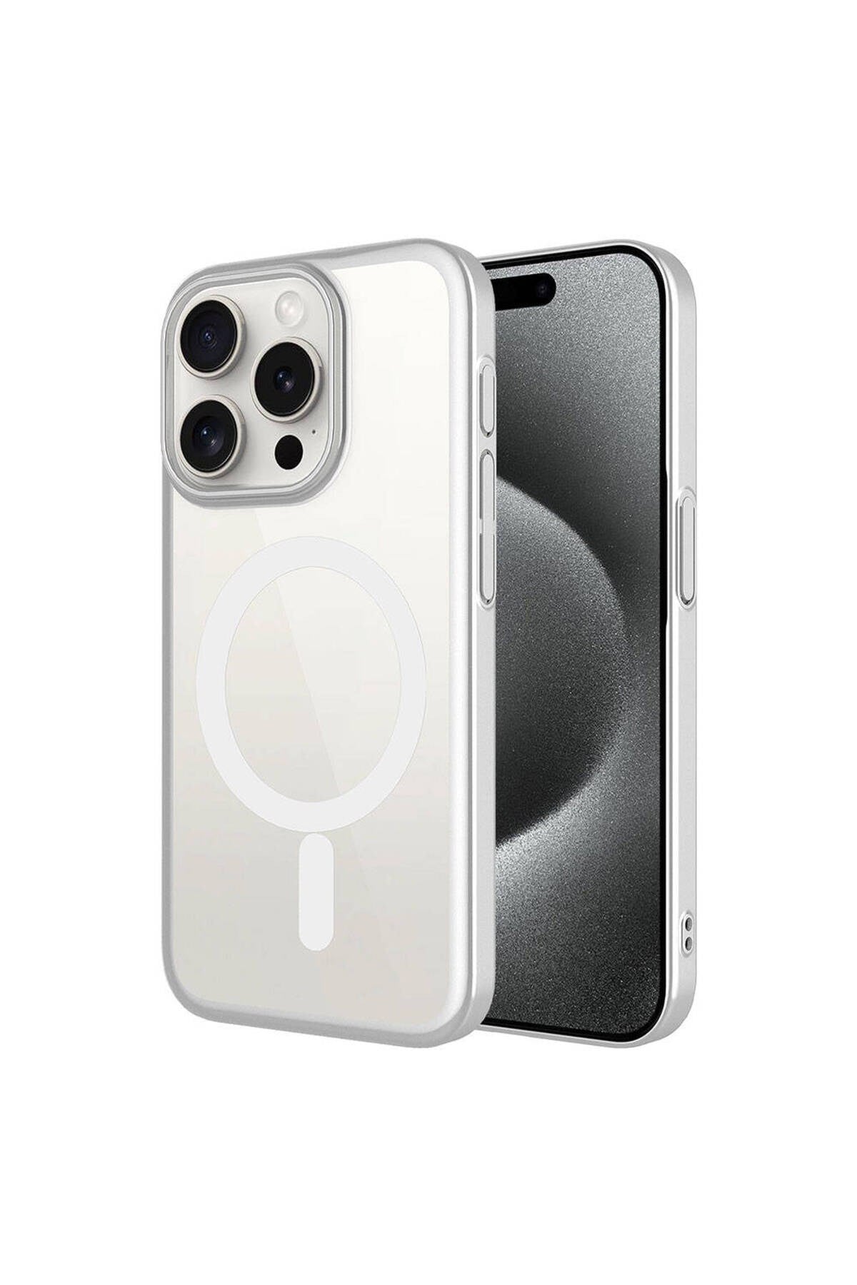 iPhone 15 Pro Max Uyumlu Wireless Şarj Özellikli Sert PC NVTH Mat Riksos Magsafe Kılıf-Gümüş