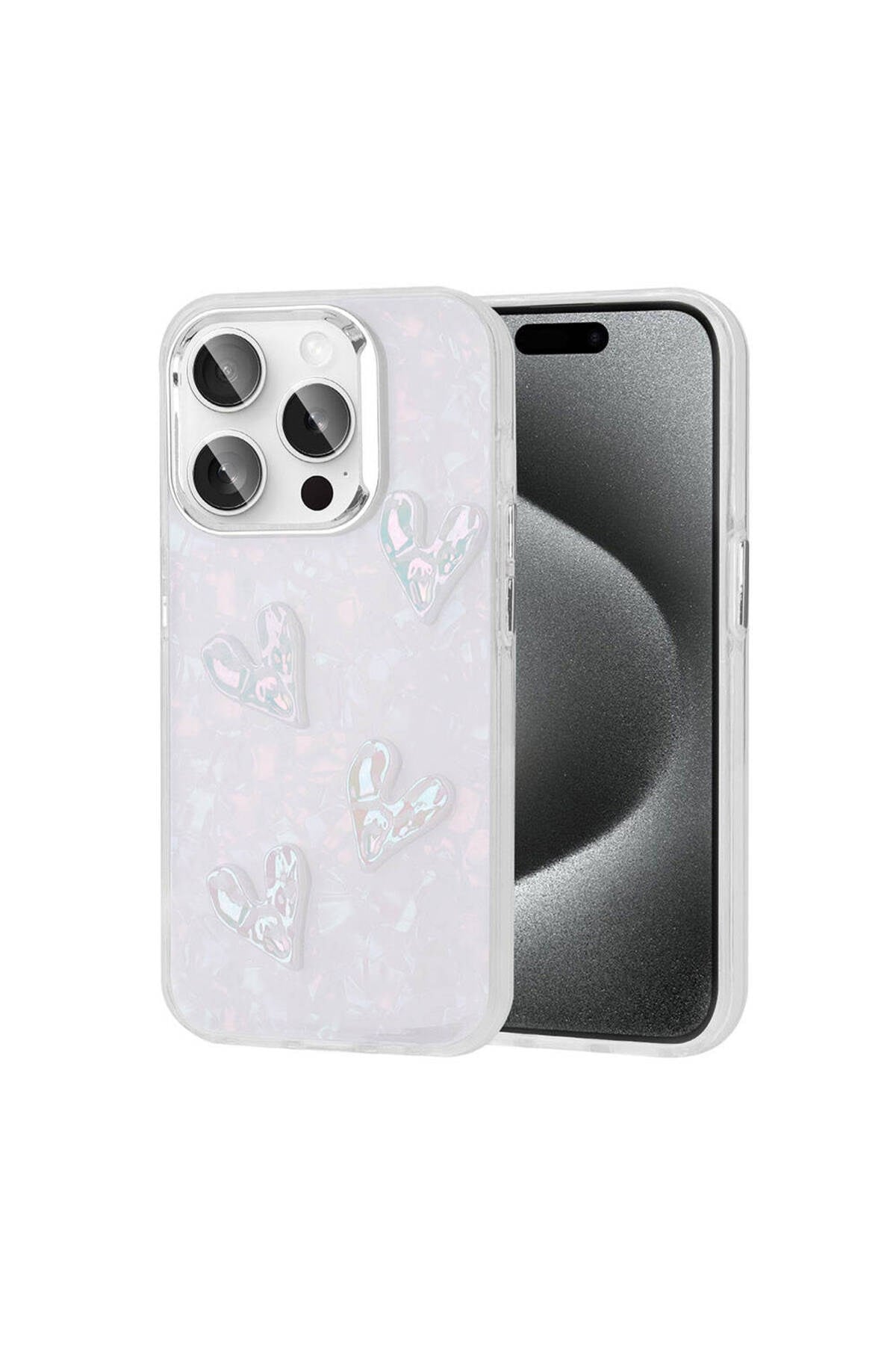 iPhone 15 Pro Uyumlu Kabartma Figürlü Parlak NVTH Eralli Silikon Kılıf-Kalp