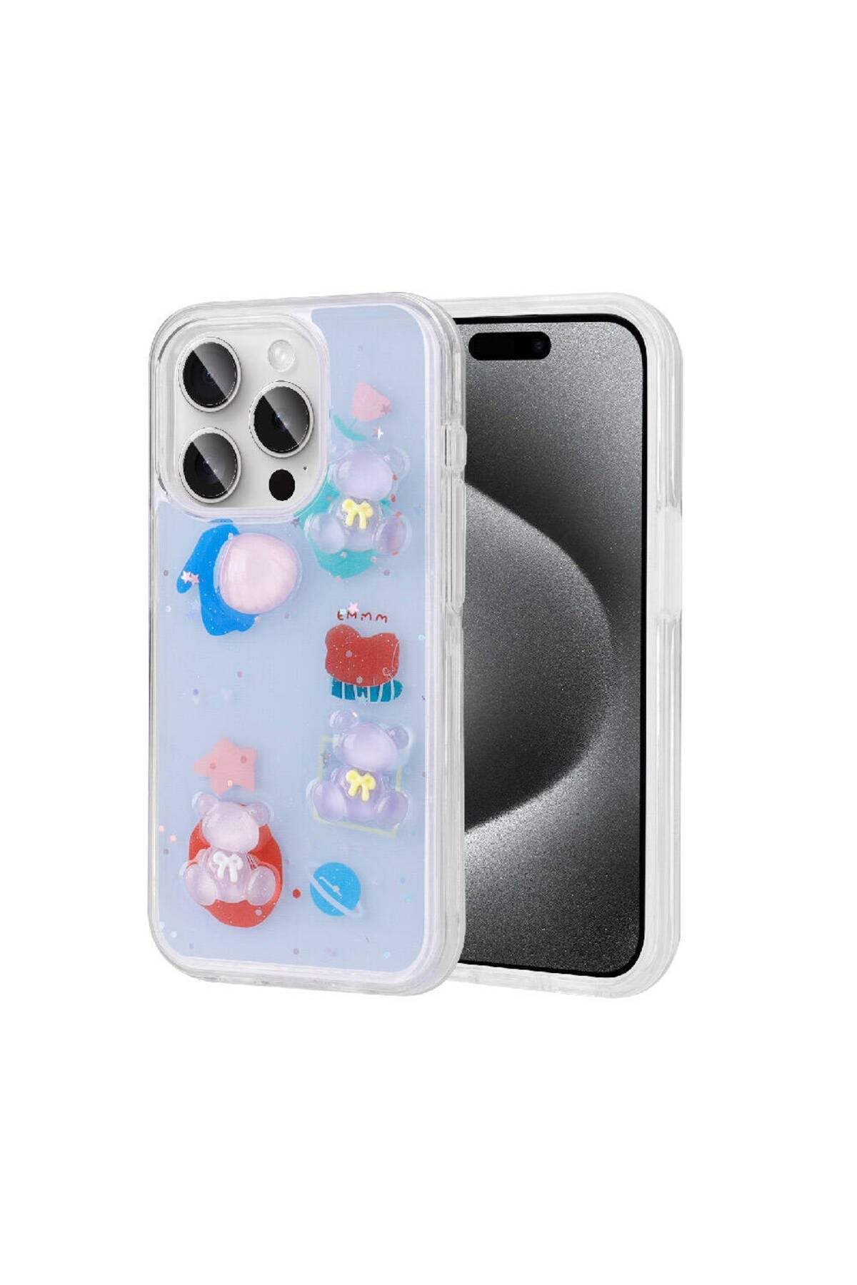 iPhone 15 Pro Uyumlu Kabartma Figürlü Parlak NVTH Minimini Silikon Kılıf-Mor