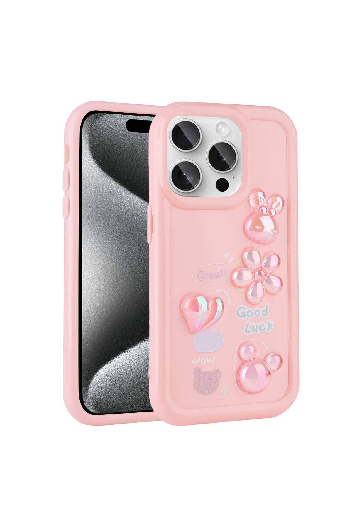 iPhone 15 Pro Uyumlu Kabartma Figürlü Parlak NVTH Toys Silikon Kılıf-Pembe