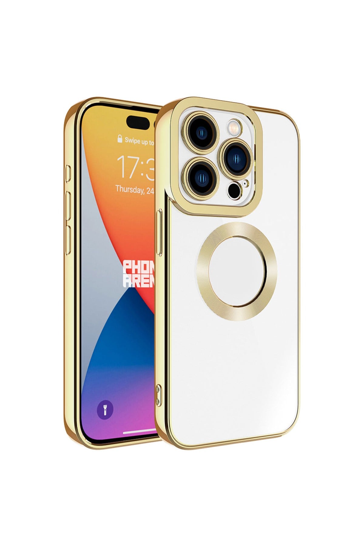 iPhone 15 Pro Uyumlu Kamera Korumalı Logo Gösteren NVTH Omega Kılıf-Gold