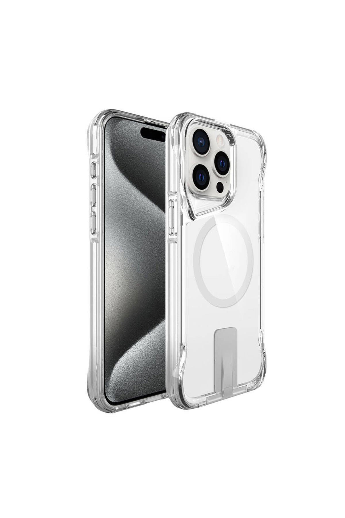 iPhone 15 Pro Uyumlu Magsafe Şarj Özellikli NVTH T-Max Standlı Kılıf-Renksiz