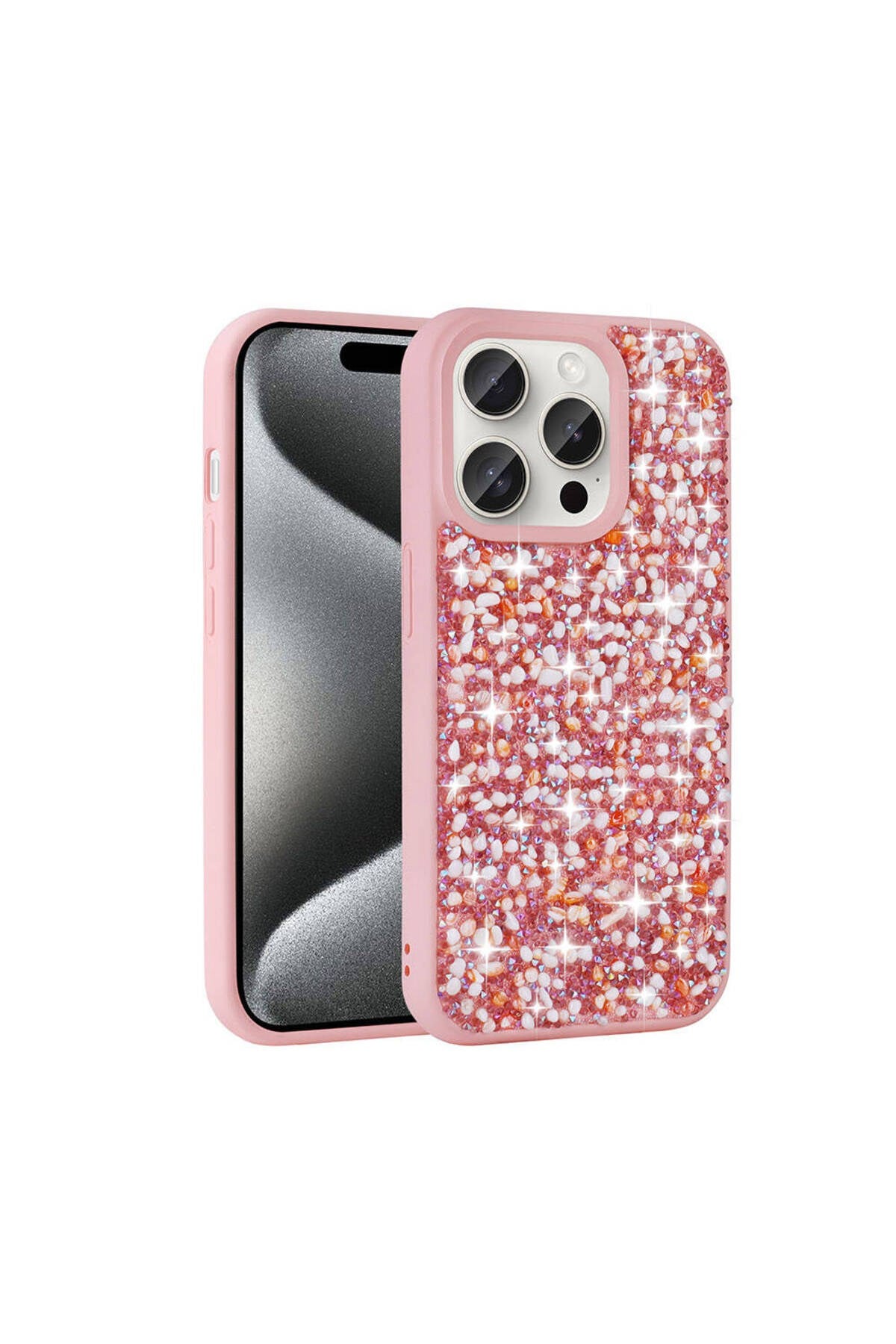 iPhone 15 Pro Uyumlu Parlak Taşlı Tasarım NVTH Linea Kılıf-Pembe