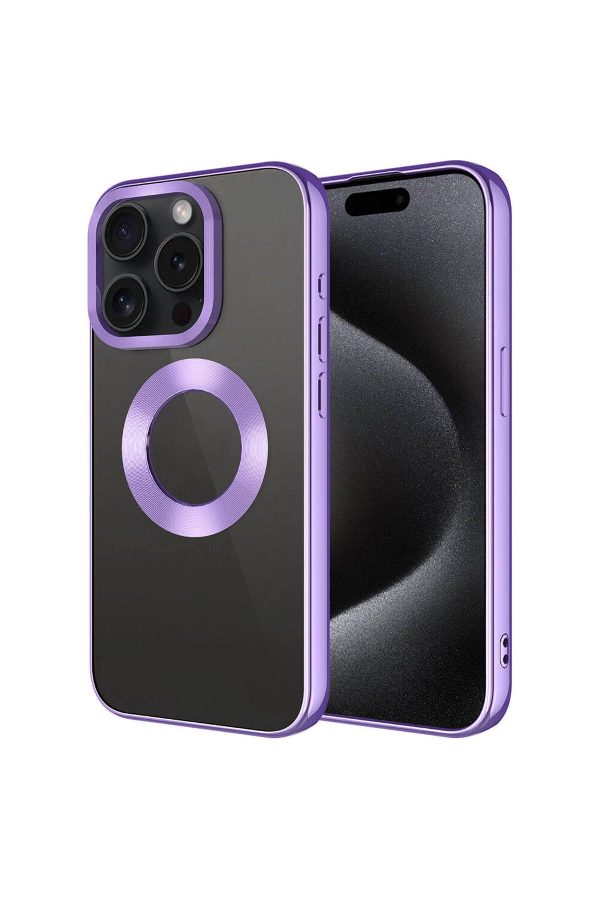 iPhone 15 Pro Uyumlu Tek Kamera Çerçeveli Logo Gösteren NVTH Omega Kılıf-Lila