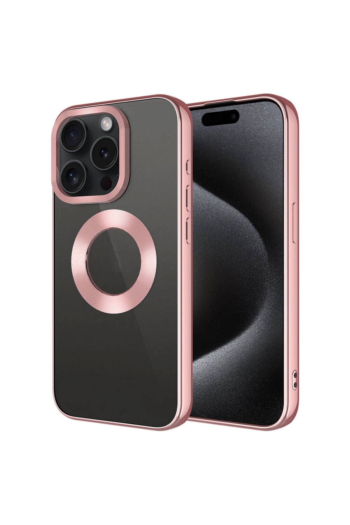 iPhone 15 Pro Uyumlu Tek Kamera Çerçeveli Logo Gösteren NVTH Omega Kılıf-Rose Gold