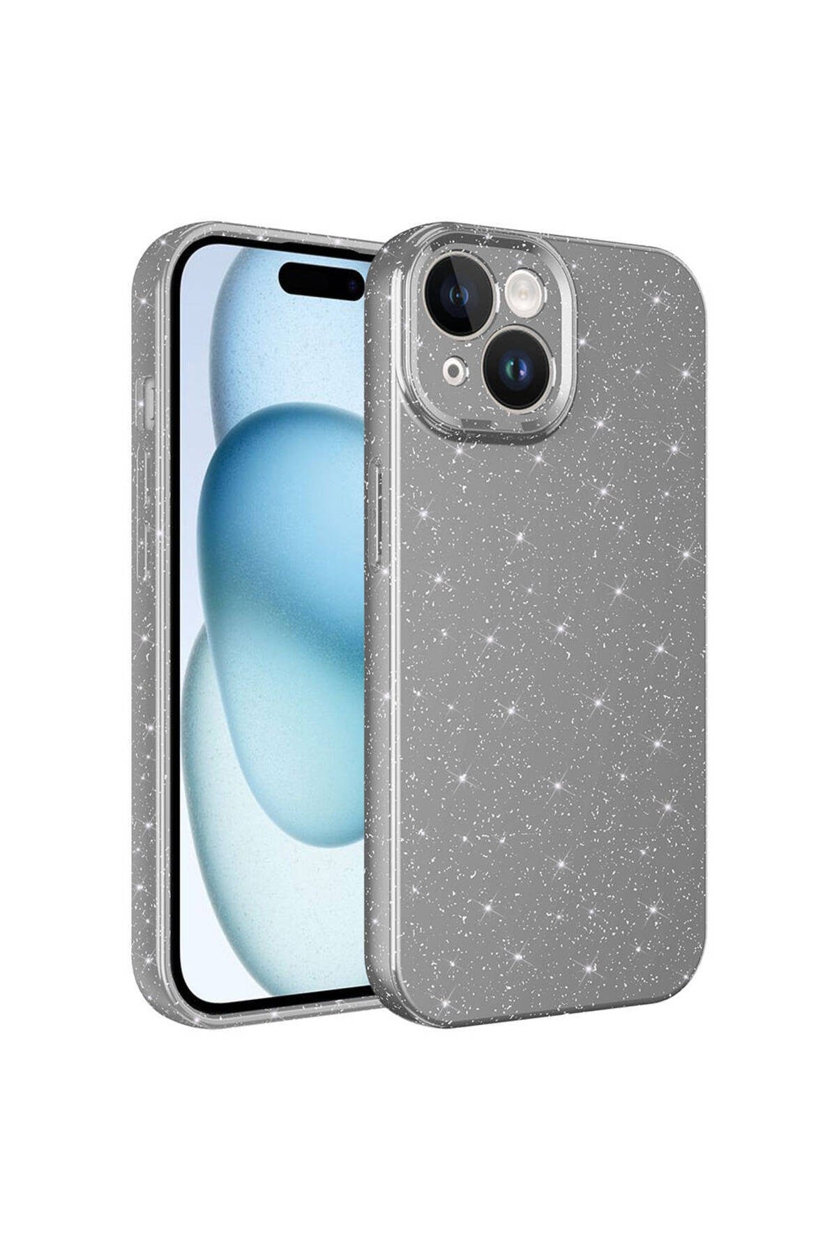 iPhone 15 Uyumlu Kamera Korumalı Simli Lüks NVTH Koton Kılıf-Gri