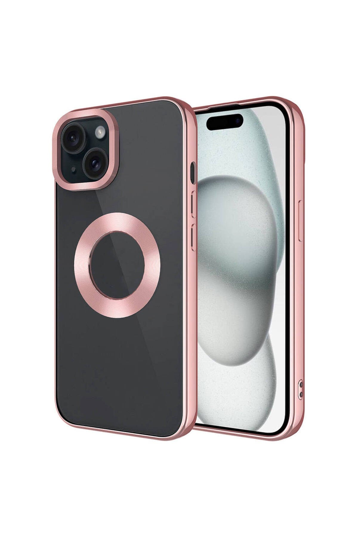 iPhone 15 Uyumlu Tek Kamera Çerçeveli Logo Gösteren NVTH Omega Kılıf-Rose Gold